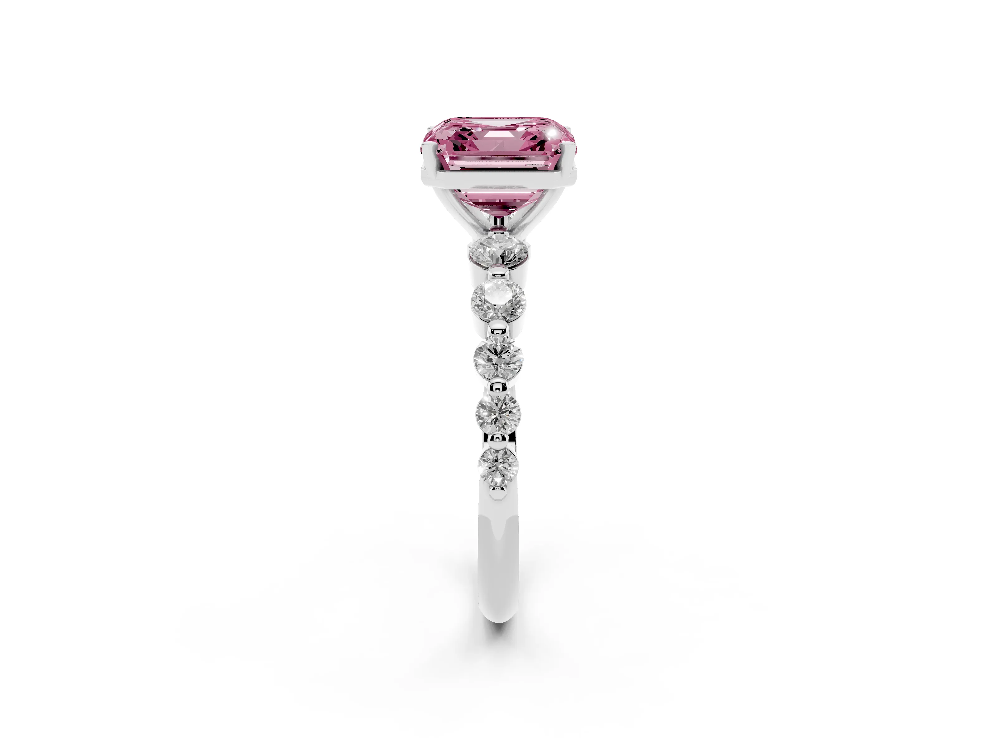 Fancy Pink Asscher Cut Diamond Solitaire Ring Set in Platinum with Pavé Band and Prong Setting