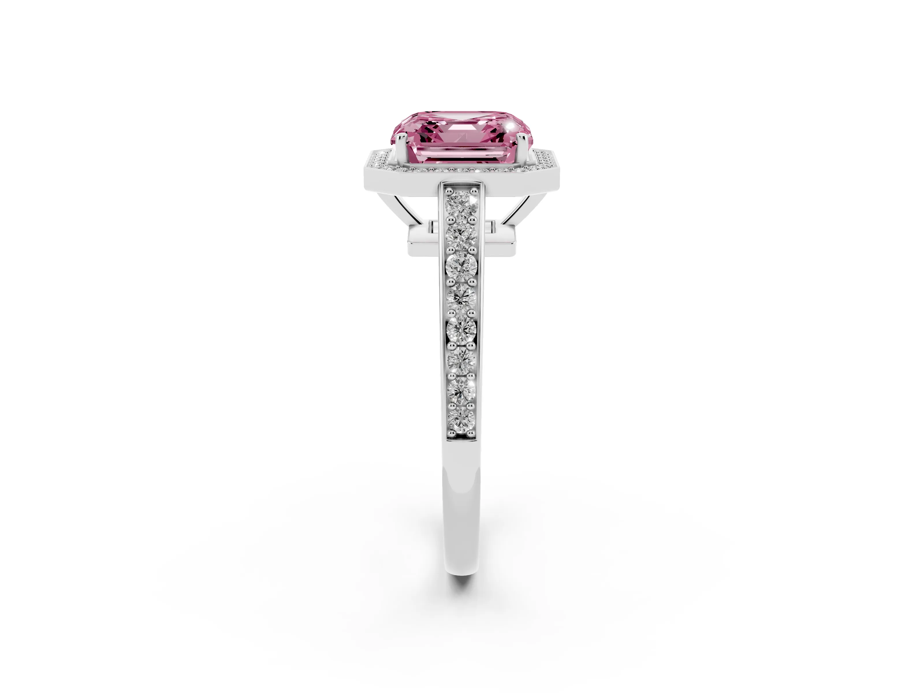 Fancy Pink Asscher Cut Diamond Halo Pavé Engagement Ring Set in Silver with Bezel Setting