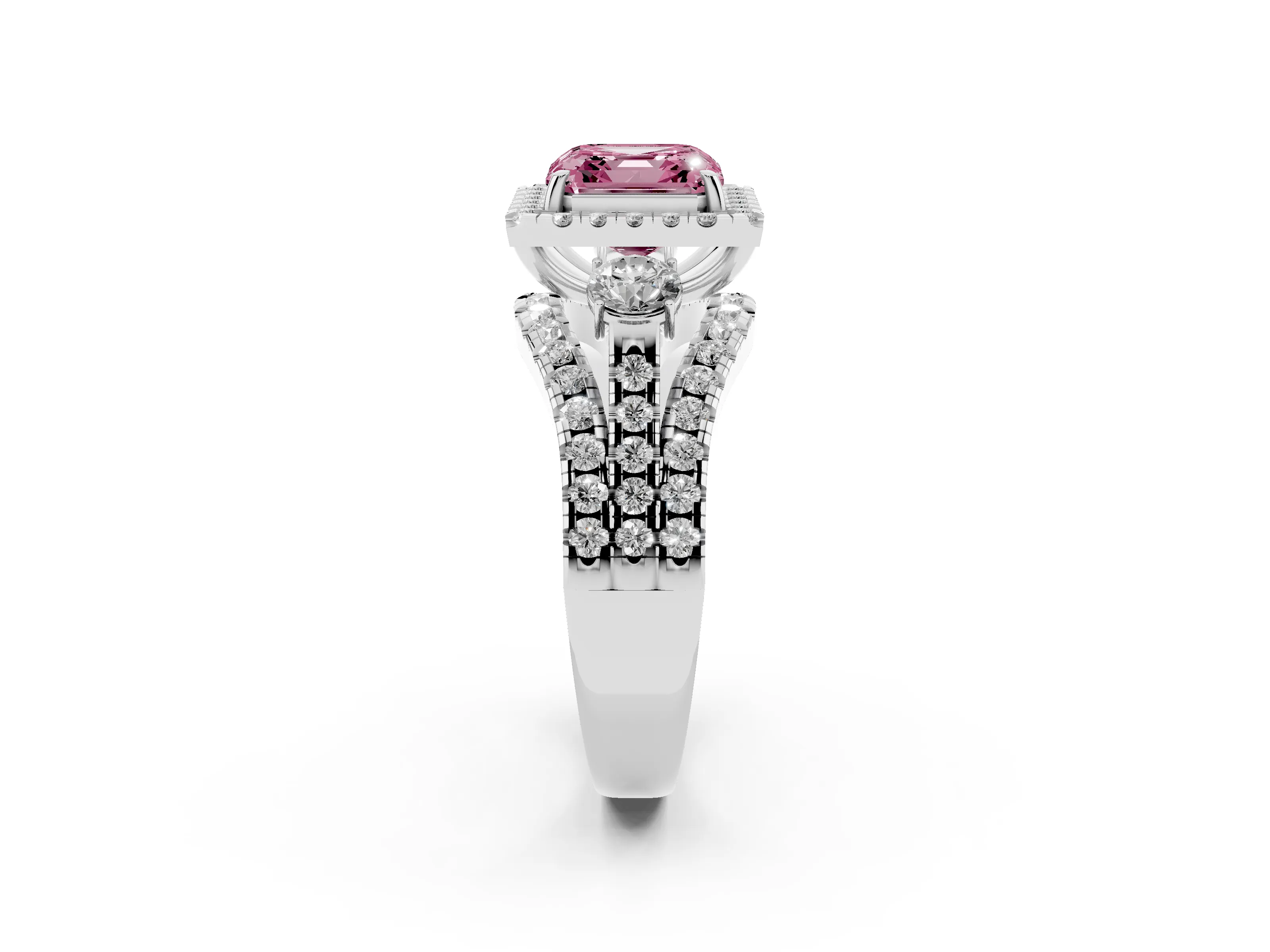Fancy Pink Asscher Cut Diamond Halo Split Shank Ring Set in White gold with Round Accent Stones and Prong Setting