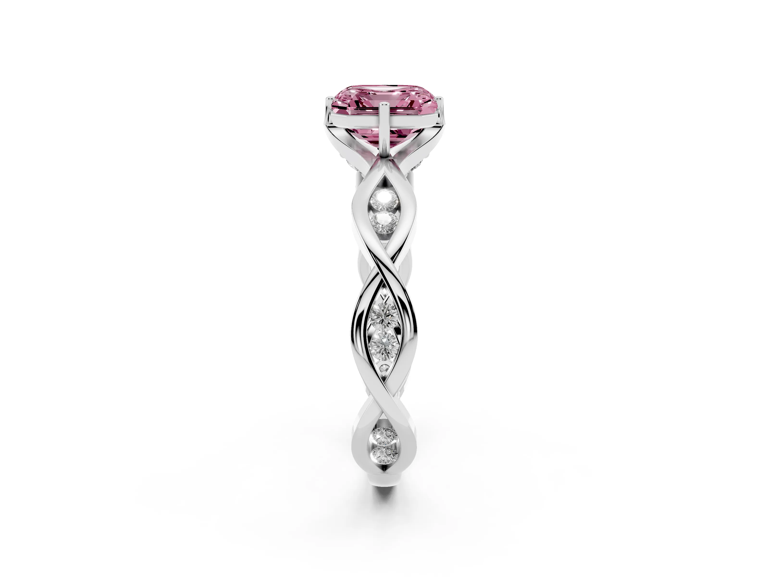 Fancy Pink Asscher Cut Diamond Twist Band Solitaire Ring Set in Platinum with Leaf Prong Setting and Accent Stones