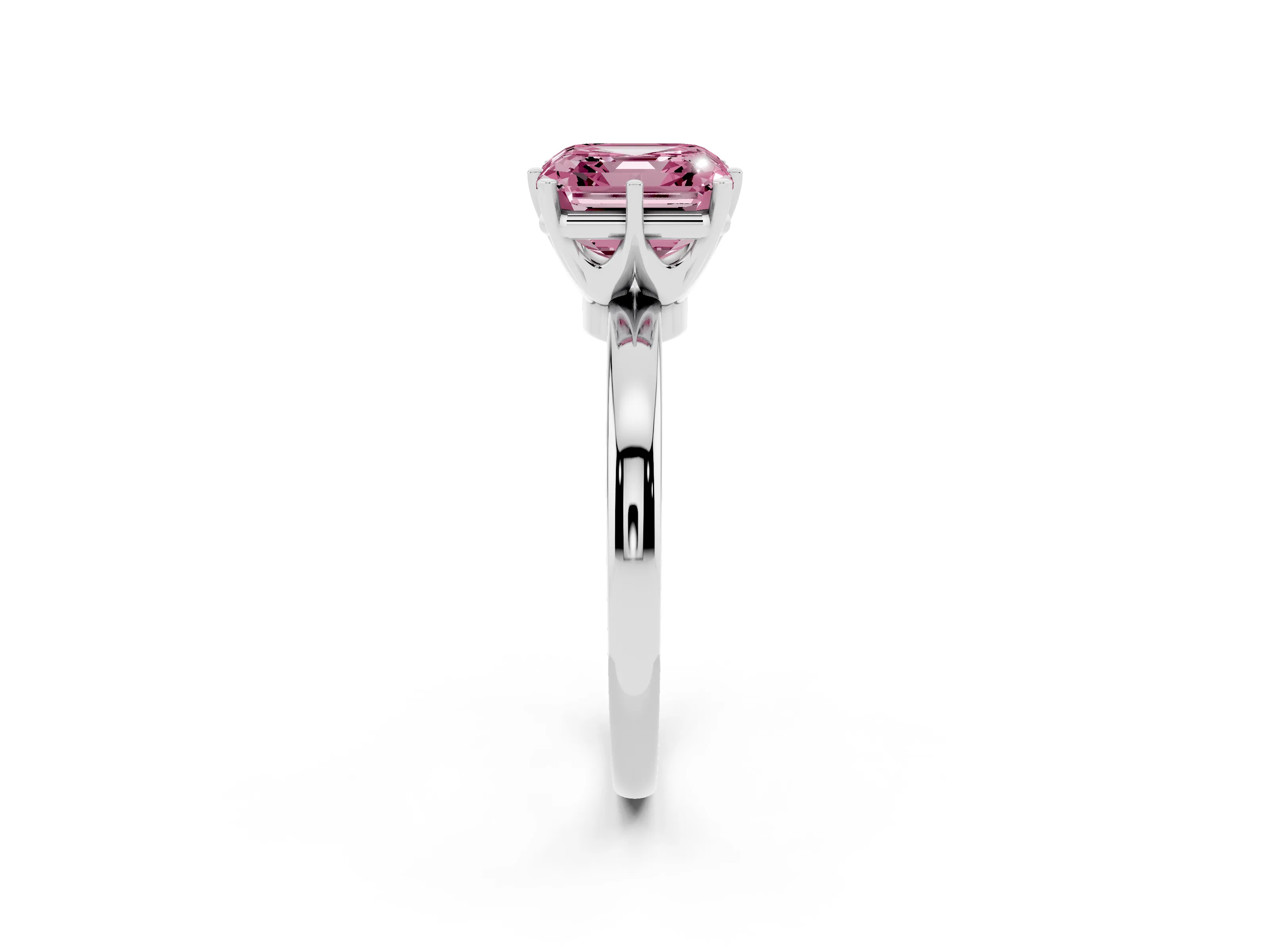 Fancy Pink Asscher Cut Diamond Solitaire Ring Set in White gold with Raised Prong Setting on a Classic Band