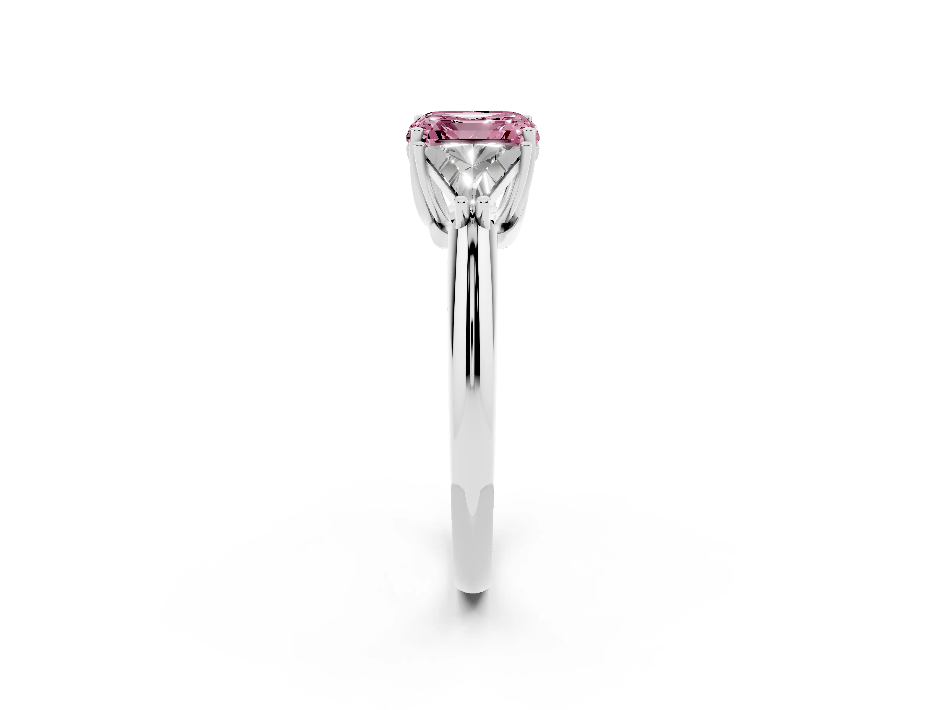 Fancy Pink Asscher Cut Diamond Three-Stone Engagement Ring Set in White gold with Trillion Side Stones