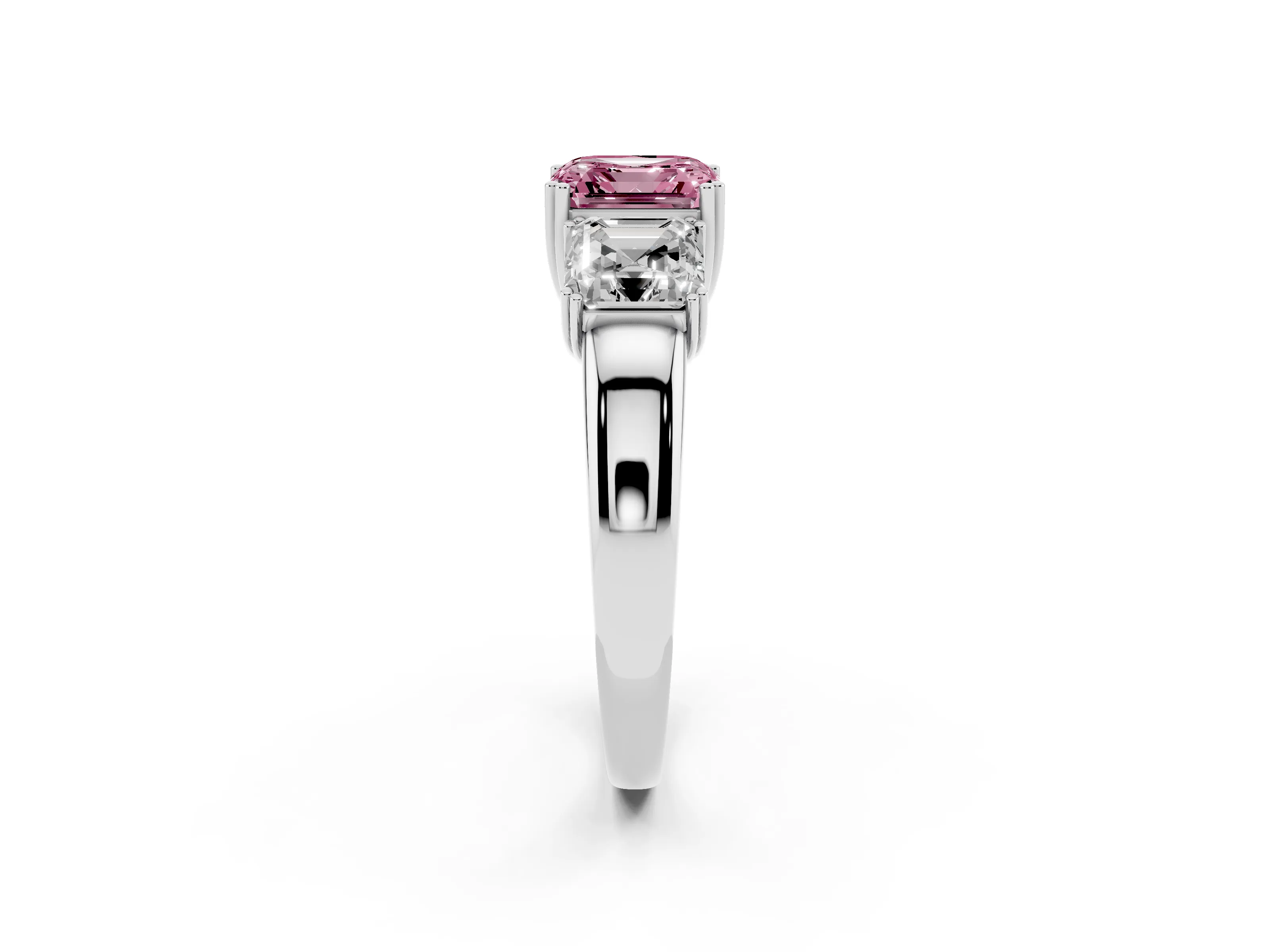 Fancy Pink Asscher Cut Diamond Three-Stone Ring Set in Silver with Polished Band and Prong Setting