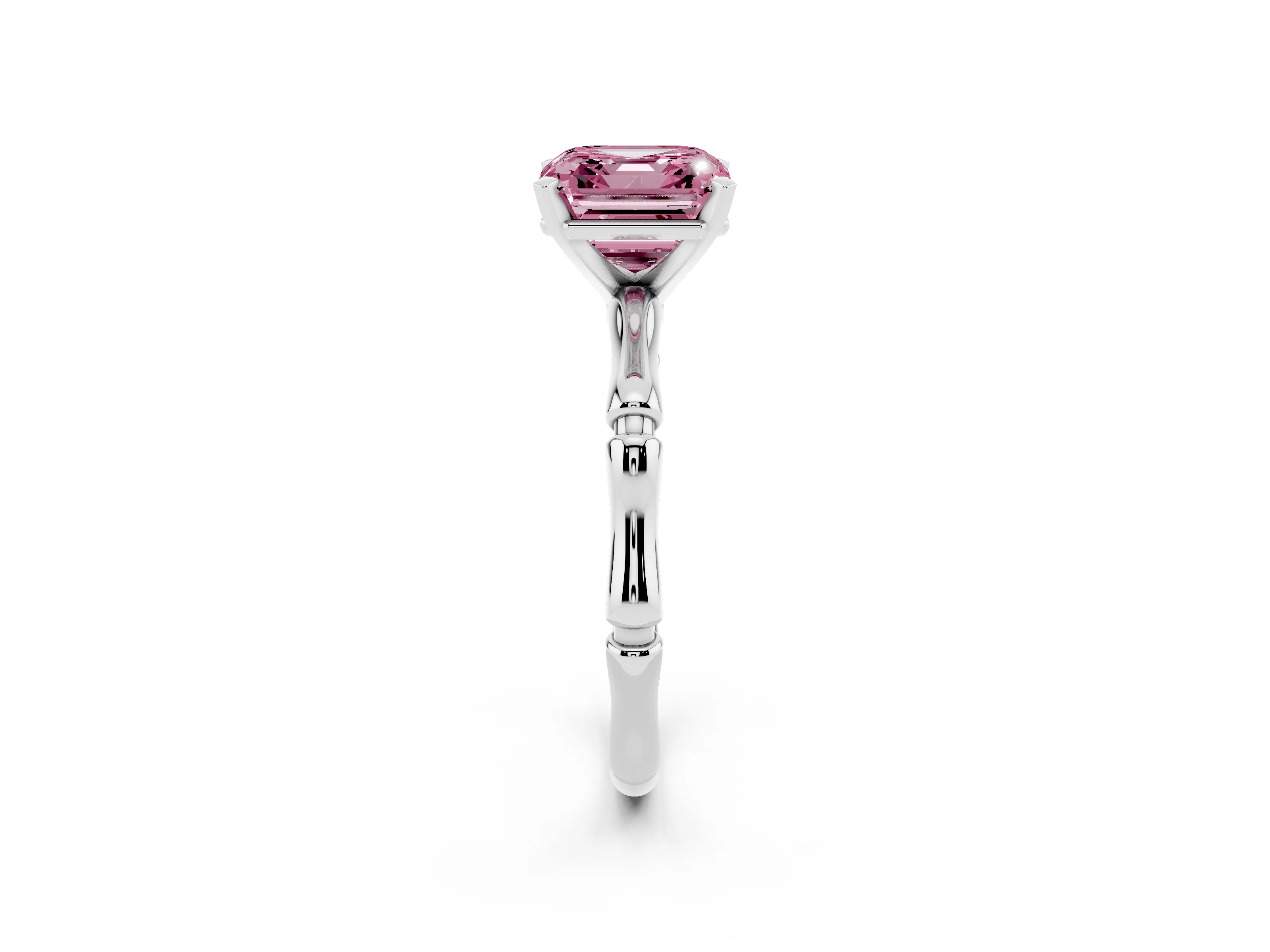 Fancy Pink Asscher Cut Diamond Solitaire Ring Set in White gold with Bamboo Band and Prong Setting