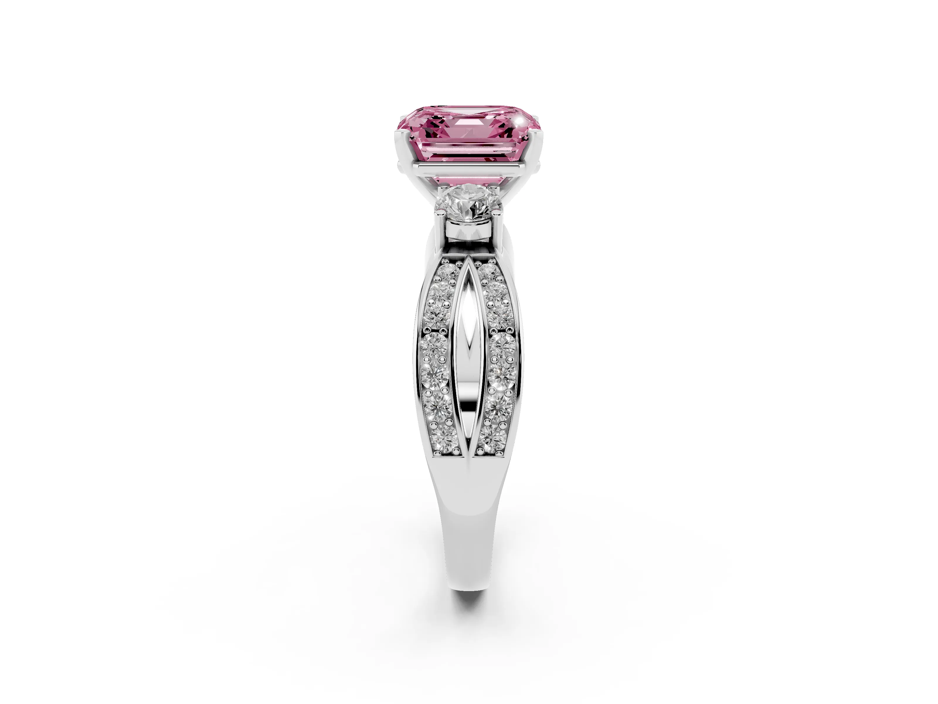 Fancy Pink Three-Stone Asscher Cut Diamond Twist Band Ring Set in Silver with Pavé Accents and Prong Setting