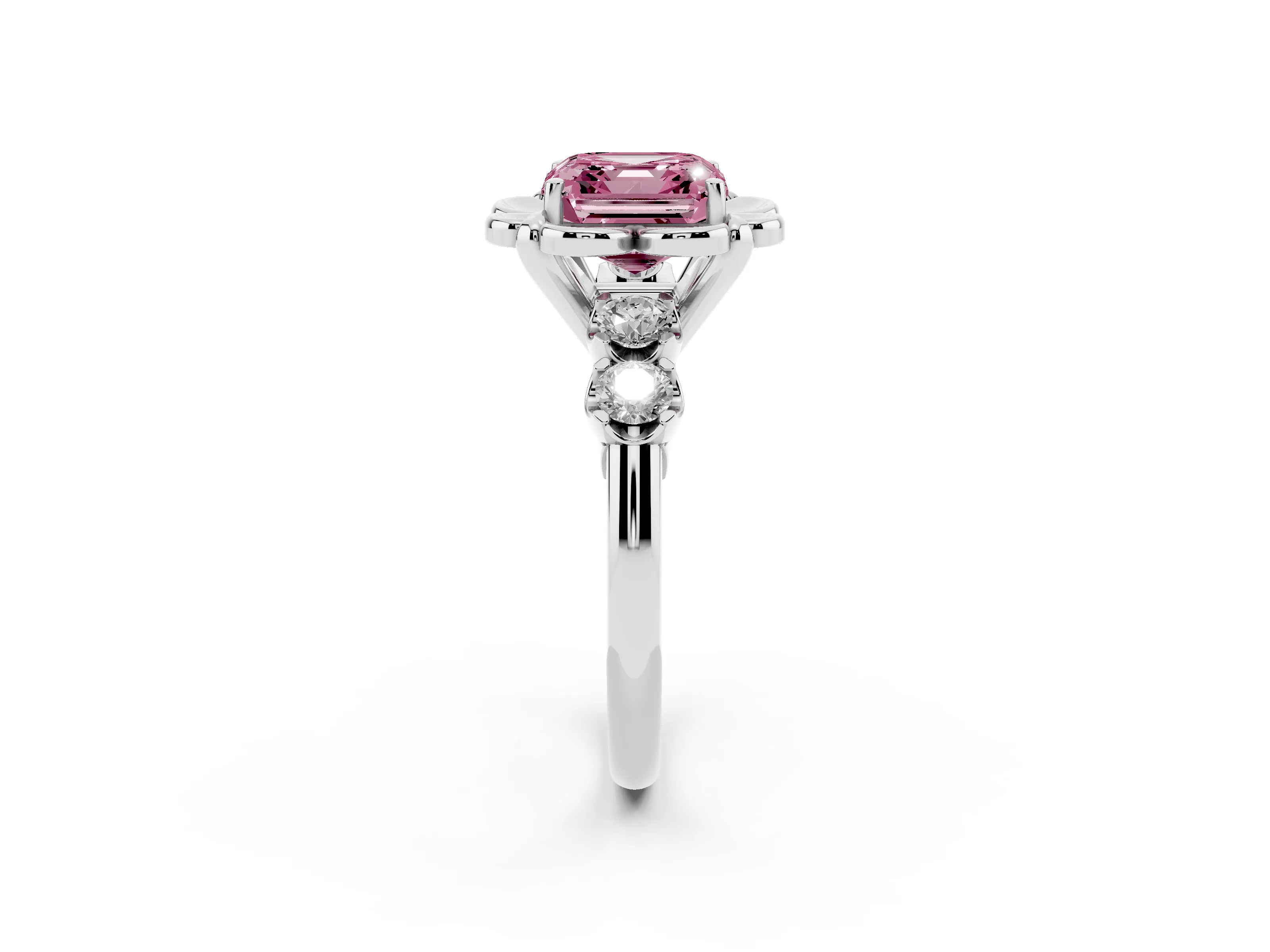 Fancy Pink Asscher Cut Diamond Floral Halo Ring Set in Platinum with Shared Prong Band