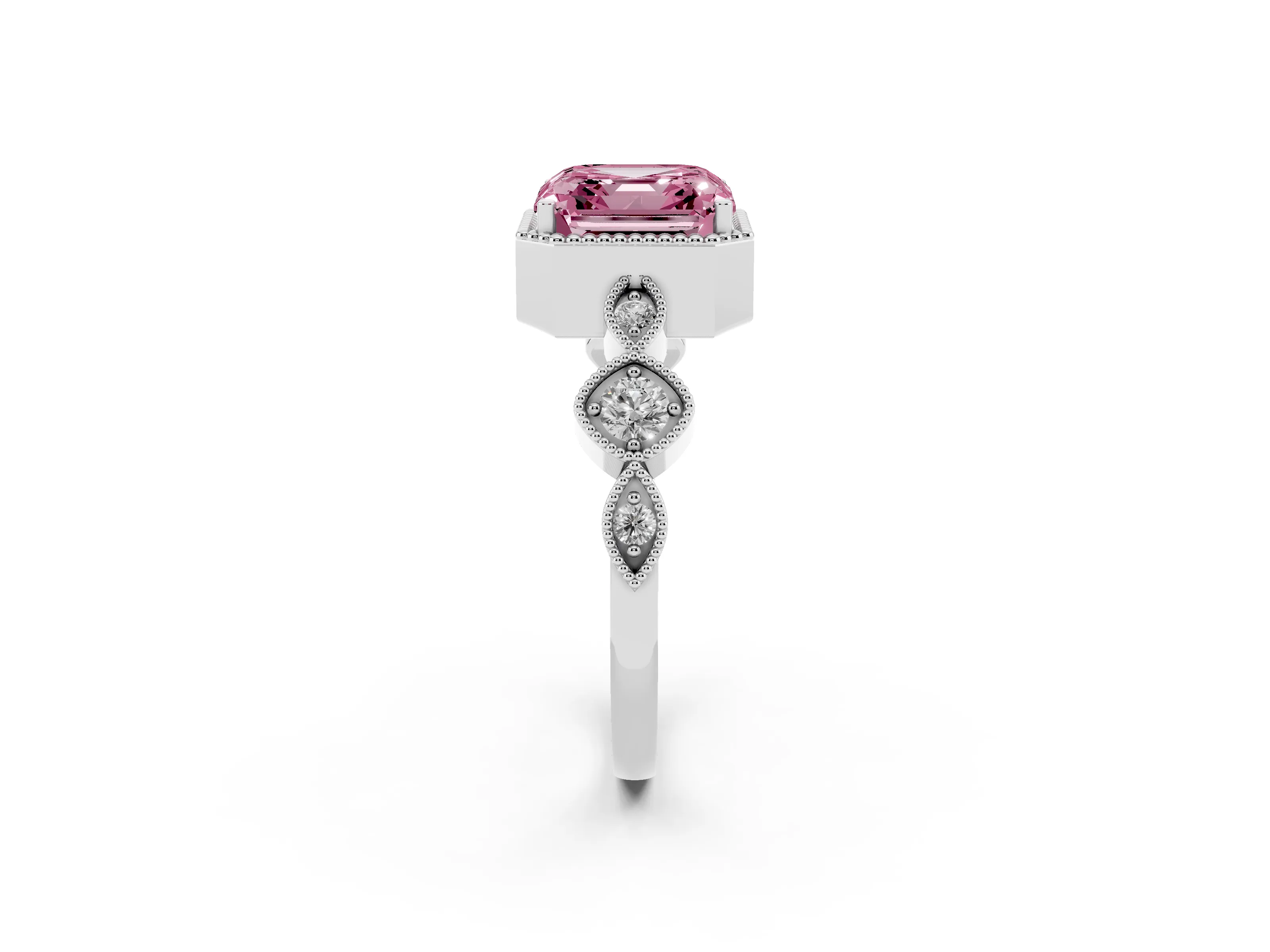 Fancy Pink Asscher Cut Diamond Vintage-Inspired Milgrain Ring Set in Platinum with Marquise Stations of Round Accents