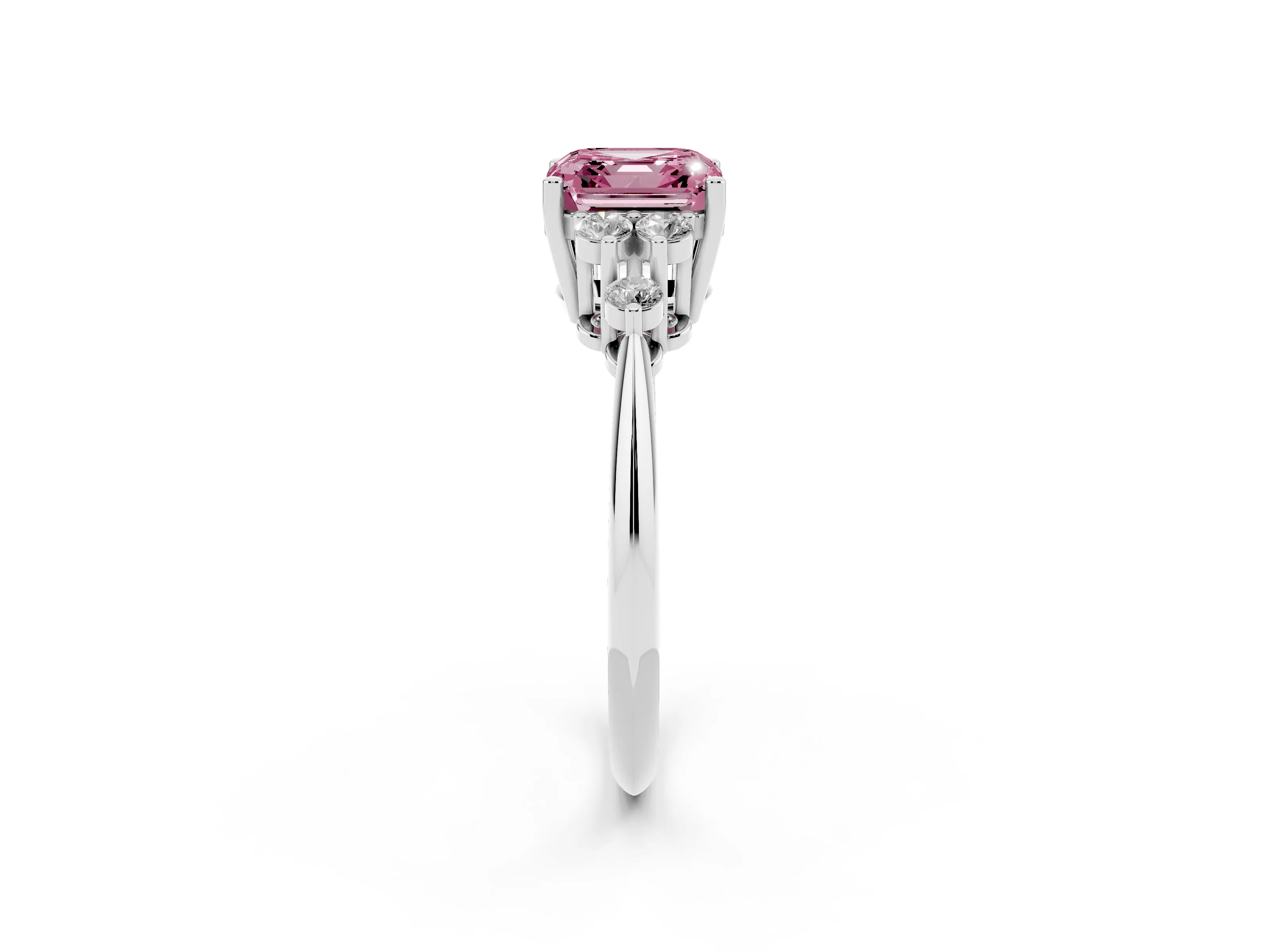 Fancy Pink Asscher Cut Diamond Cluster Ring Set in White gold with Plain Band and Prong Setting