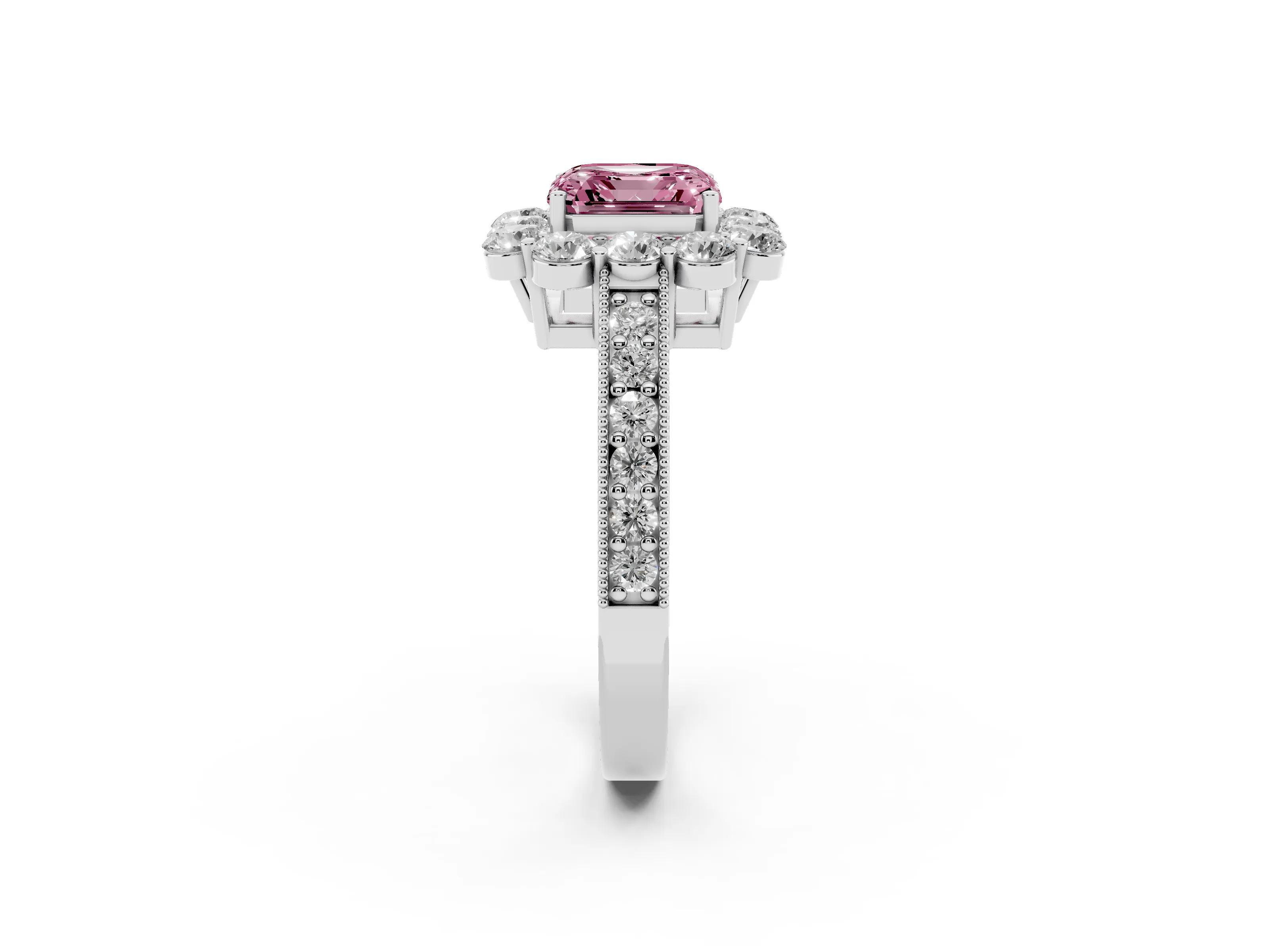 Fancy Pink Asscher Cut Diamond Halo Pavé Engagement Ring Set in White gold with Milgrain Detailing