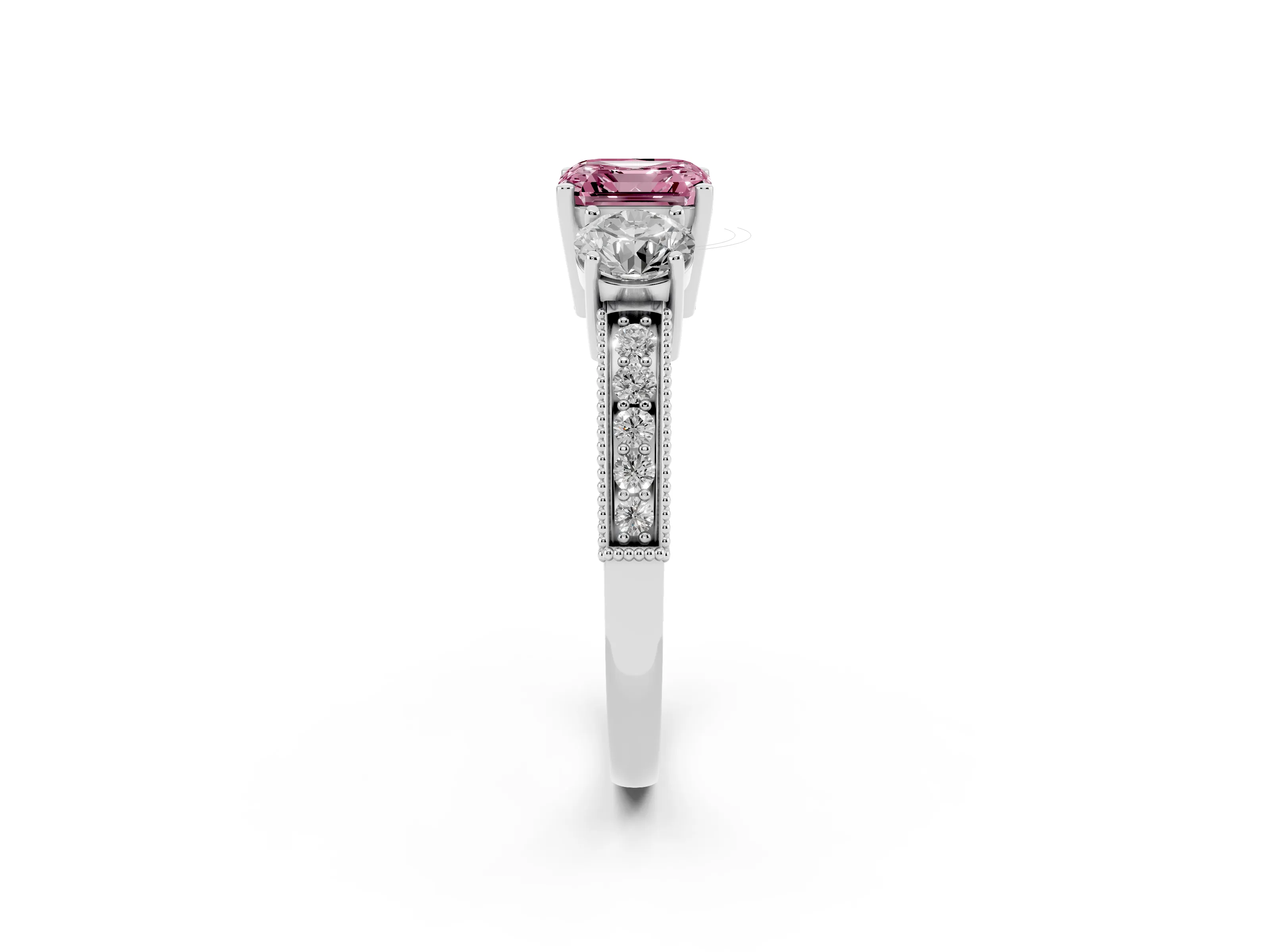 Fancy Pink Asscher Cut Diamond Three-Stone Ring Set in Platinum with Round Side Stones and Pavé Band