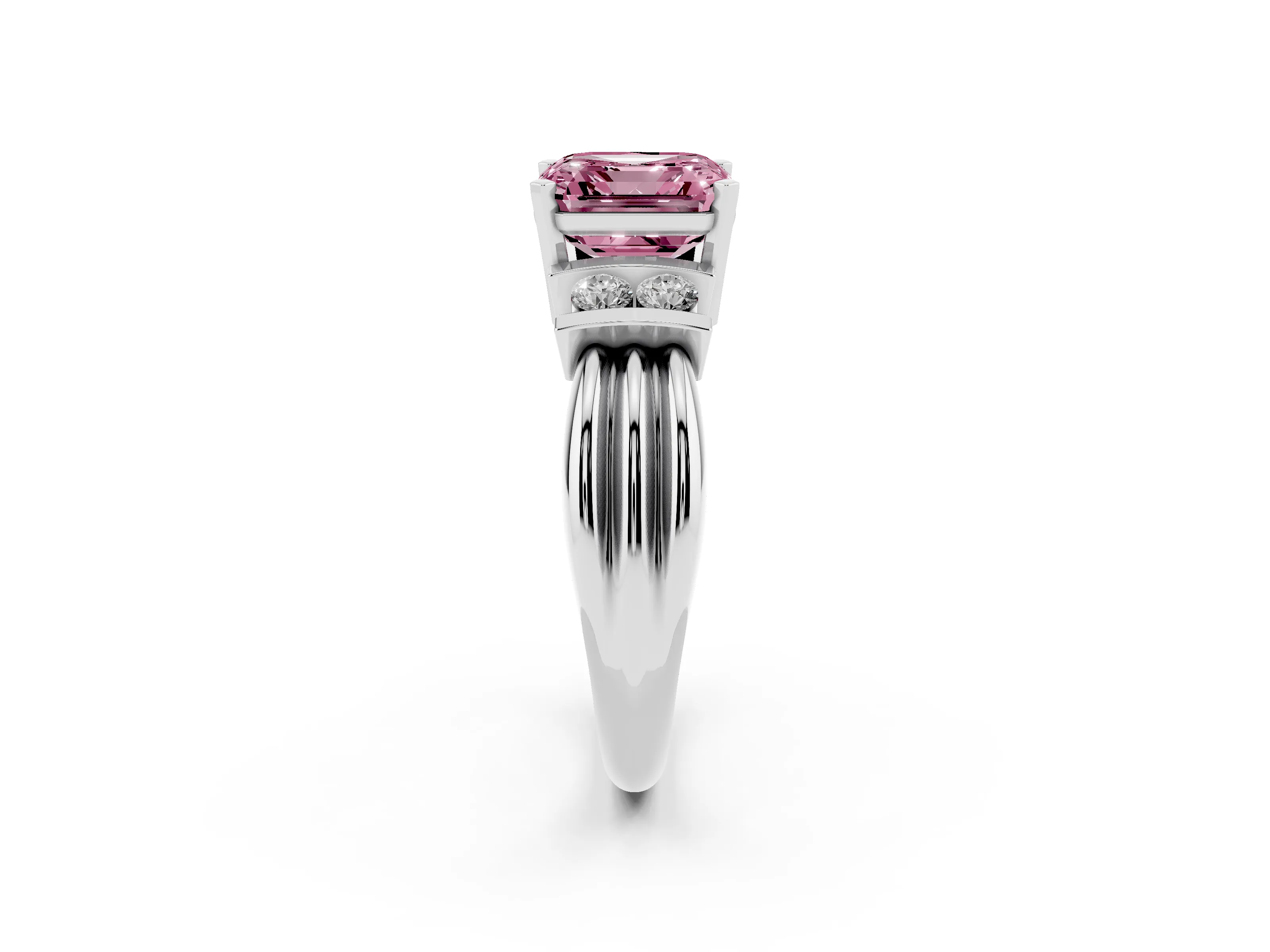 Fancy Pink Three-Stone Asscher Cut Diamond Channel Set Ring Set in Silver with Bar Prongs