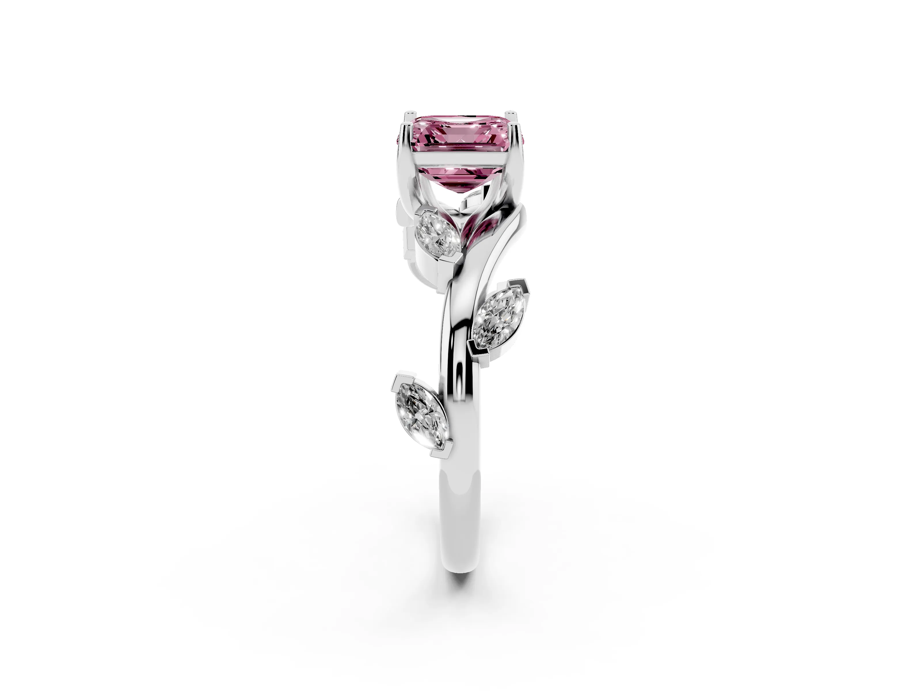 Fancy Pink Asscher Cut Diamond Solitaire Ring Set in White gold with Twisted Marquise Accent Band