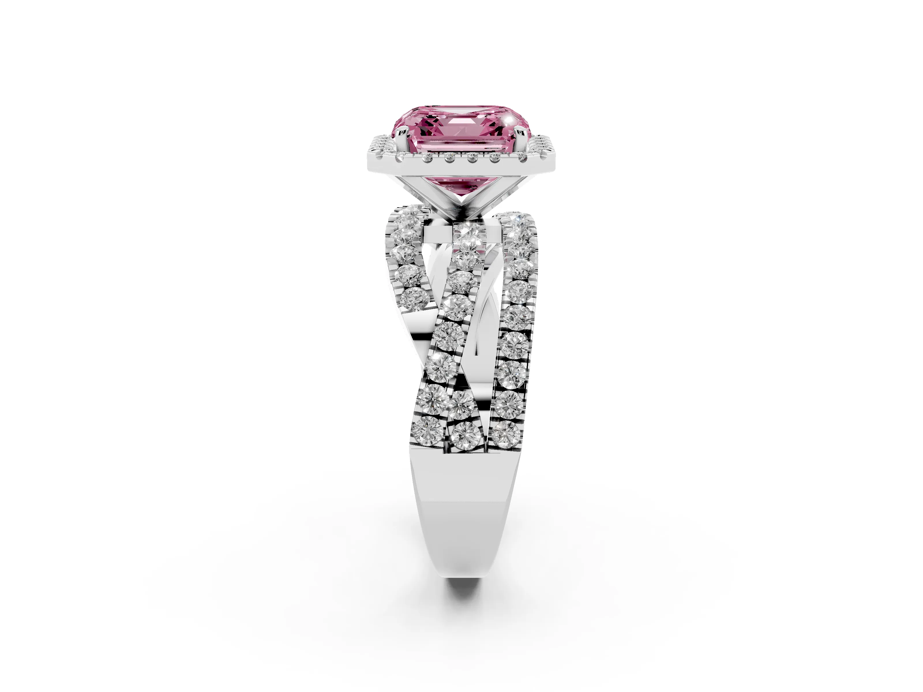 Fancy Pink Asscher Cut Diamond Halo Ring Set in Platinum with Round Crossover Split Shank and Prong Setting