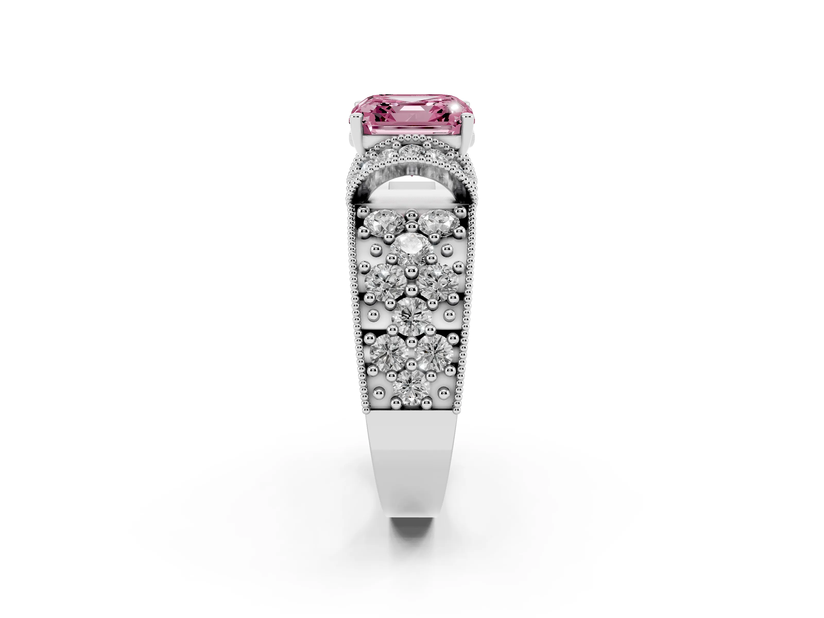 Fancy Pink Asscher Cut Diamond Milgrain Halo Pavé Engagement Ring Set in Silver with Prong Setting