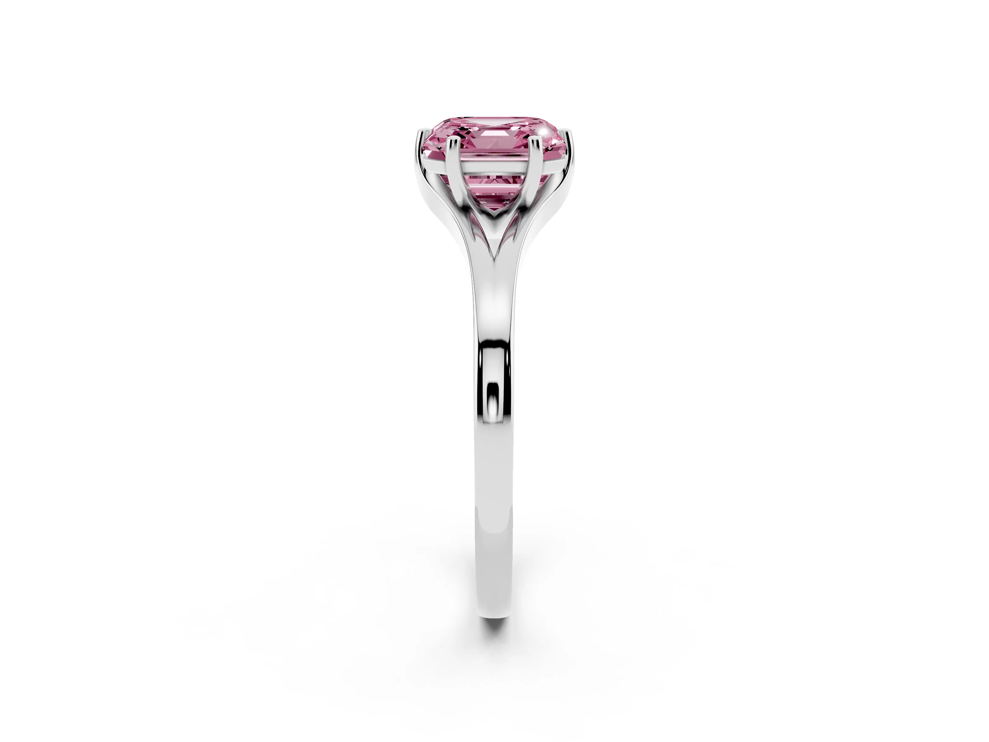 Fancy Pink Asscher Cut Diamond Solitaire Ring Set in White gold with Polished Tapered Band and Prong Setting