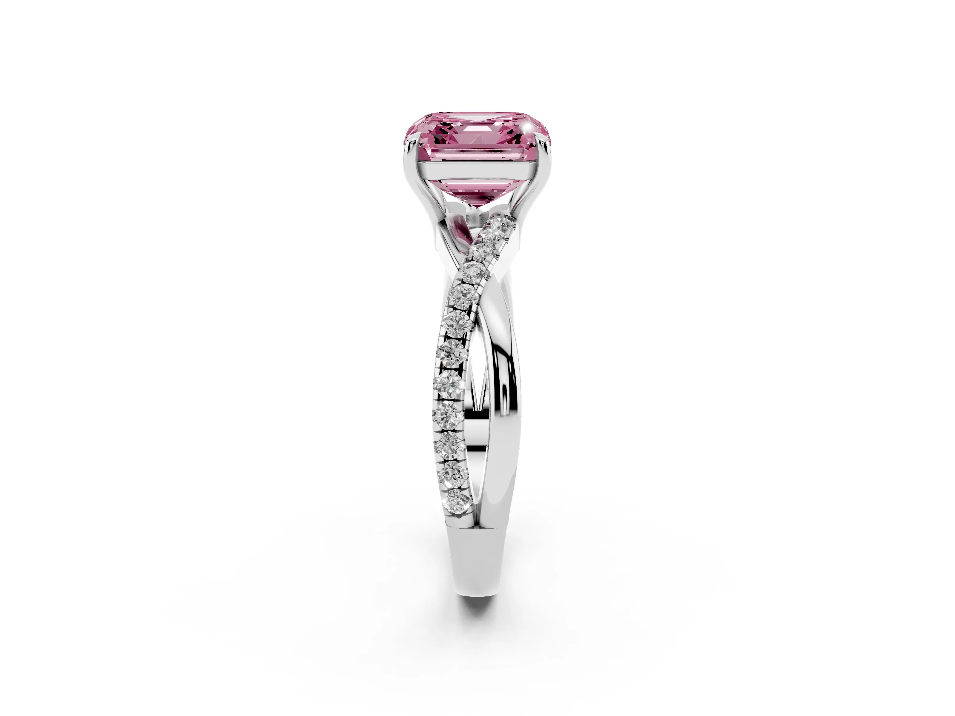 Fancy Pink Asscher Cut Diamond Twisted Pavé Band Ring Set in White gold with Prong Setting