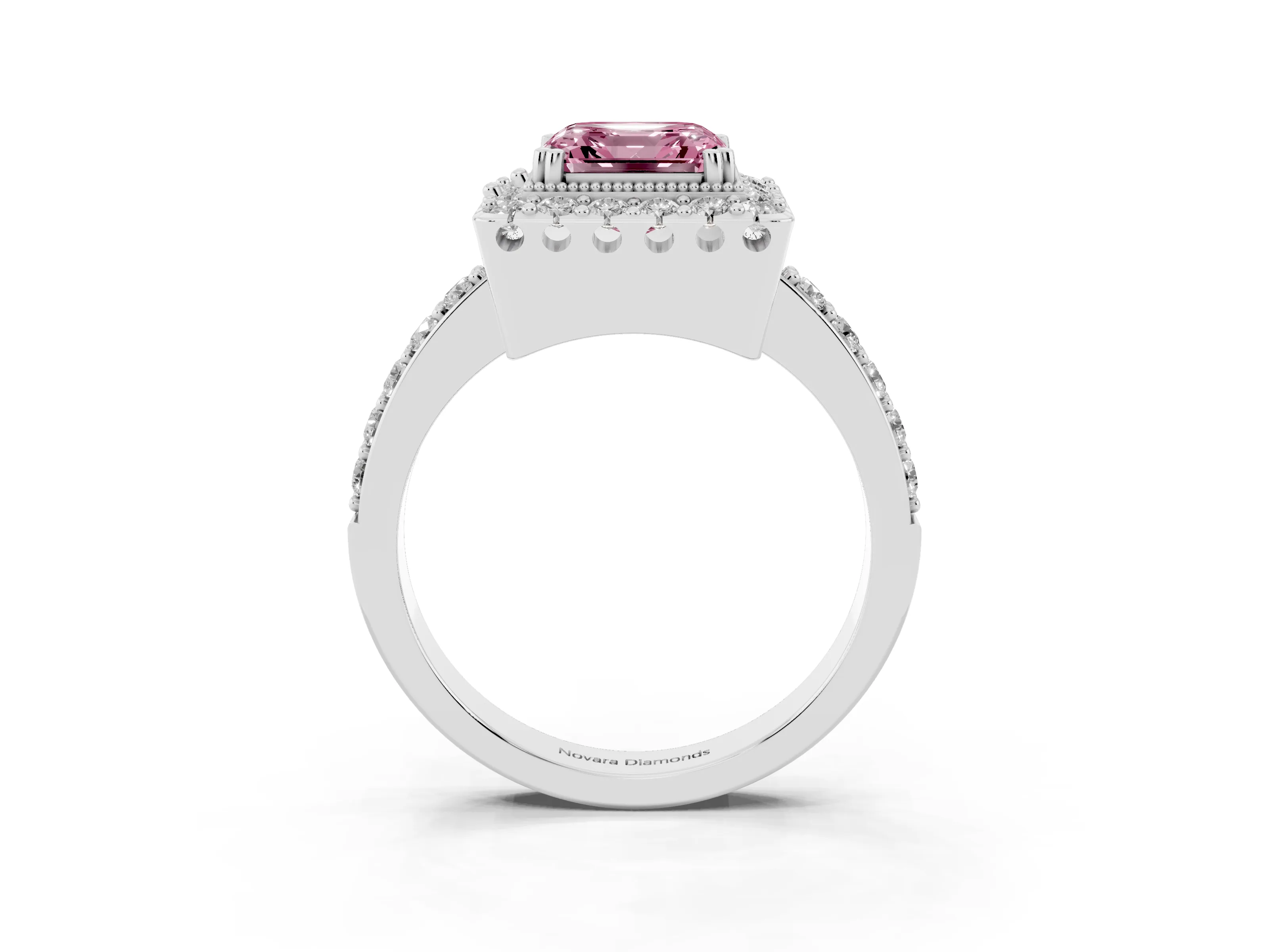 Fancy Pink Asscher Cut Diamond Halo Ring Set in Platinum with Pavé Shank and Prong Setting