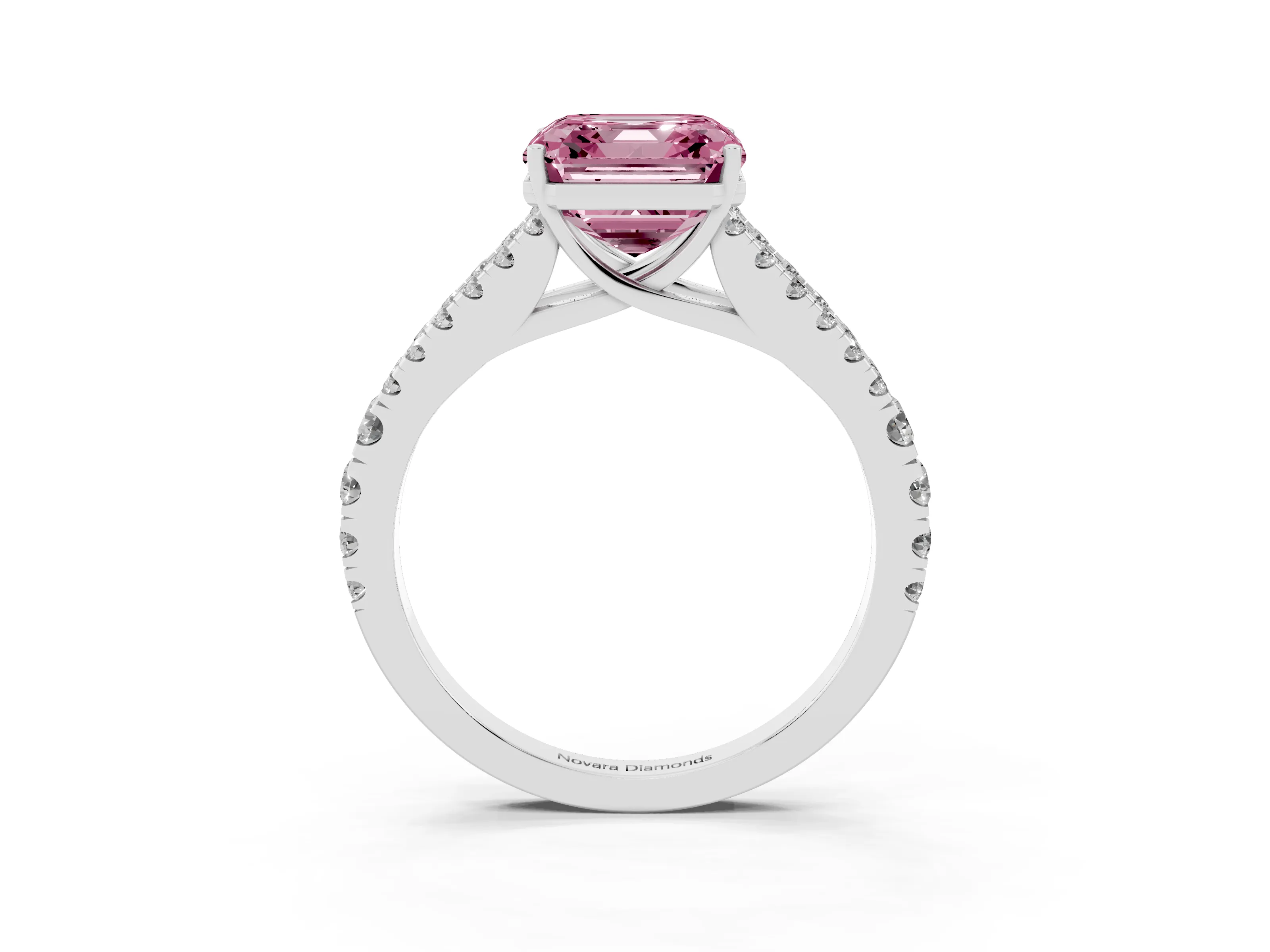 Fancy Pink Asscher Cut Diamond Split Shank Engagement Ring Set in Silver with Round Pavé and Prong Setting