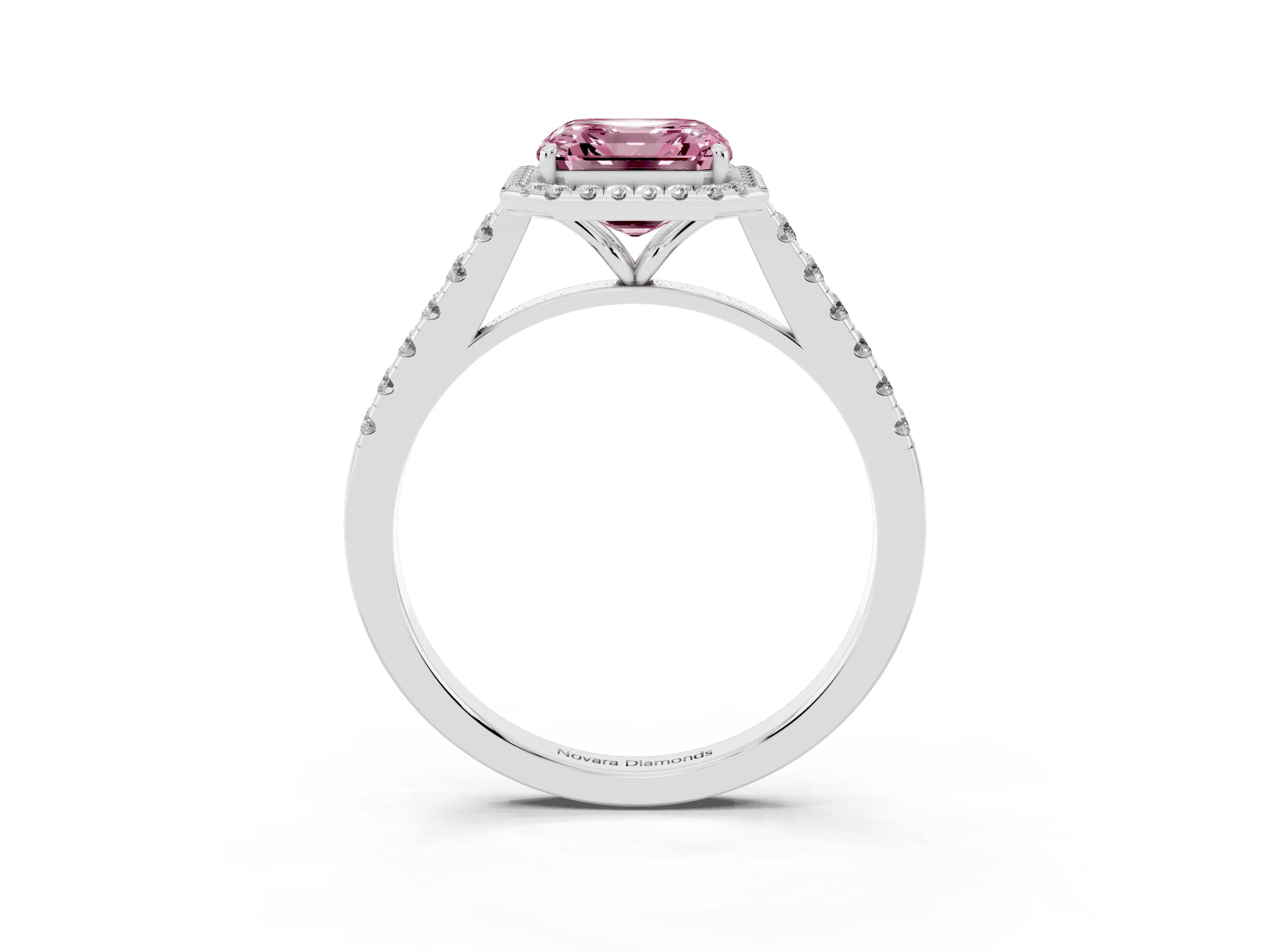 Fancy Pink Asscher Cut Diamond Halo Pavé Engagement Ring Set in White gold with Prong Setting