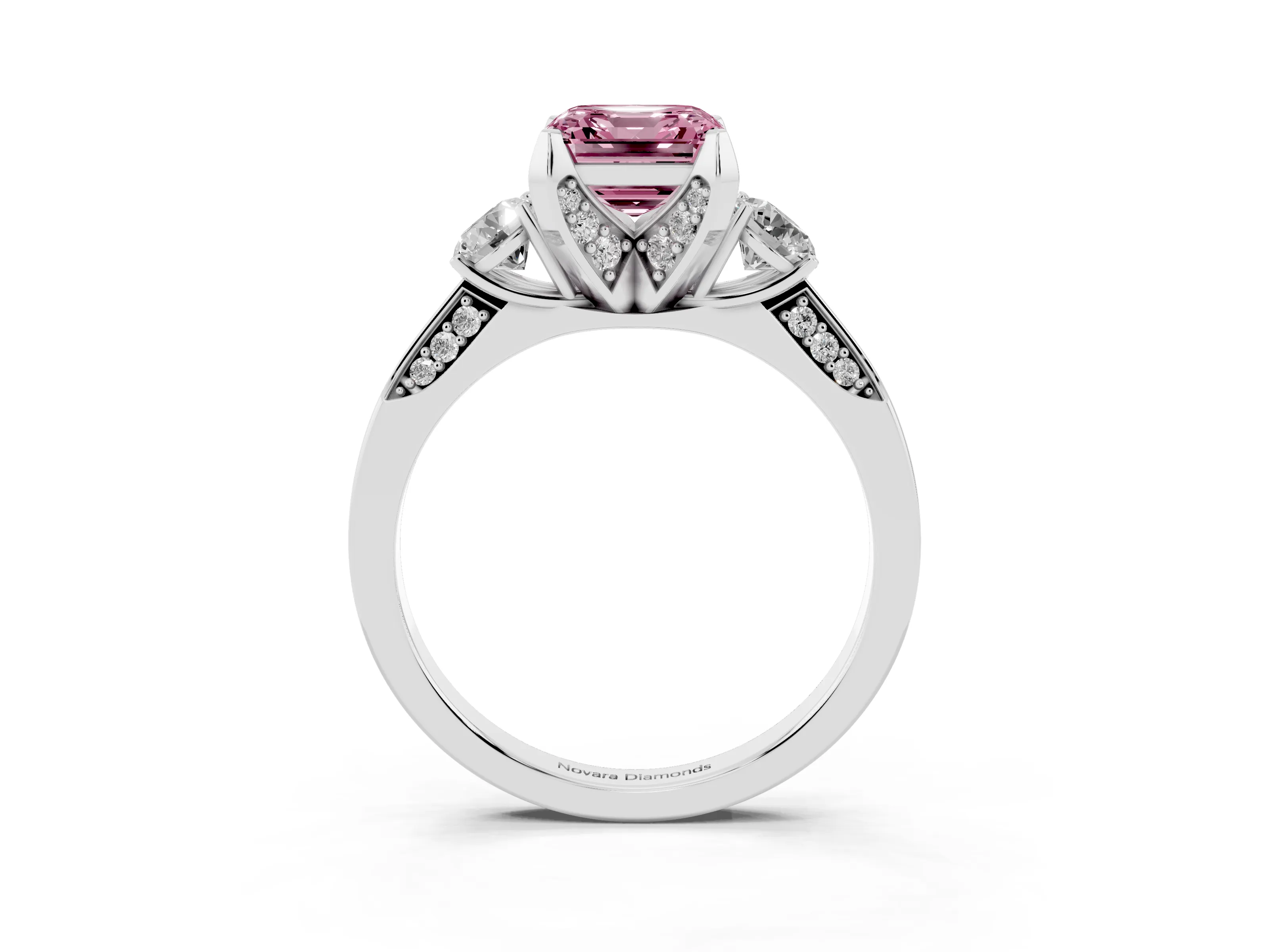 Fancy Pink Asscher Cut Diamond Three-Stone Ring Set in White gold with Pavé Band and Smaller Side Stones