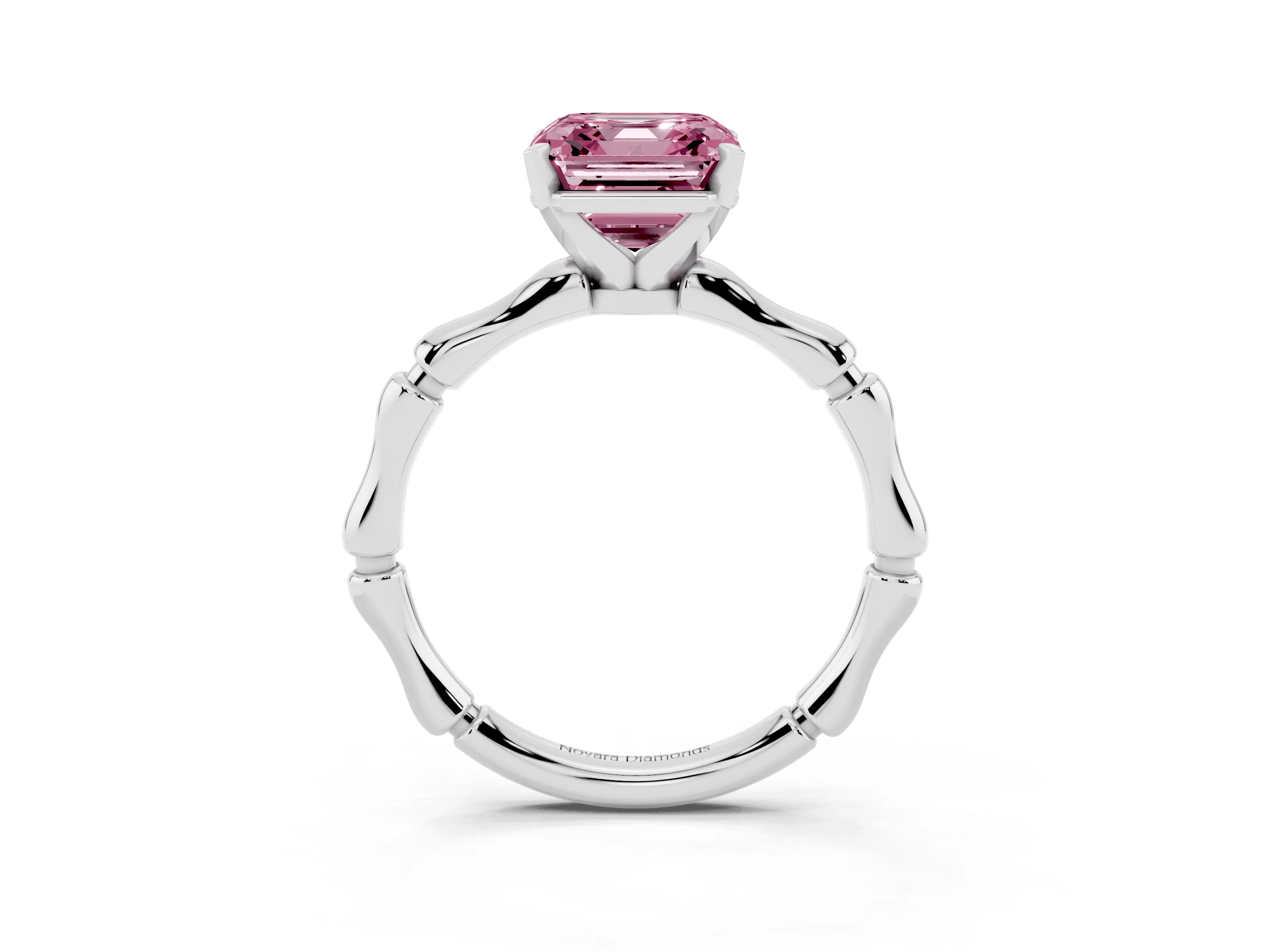 Fancy Pink Asscher Cut Diamond Solitaire Ring Set in White gold with Bamboo Band and Prong Setting