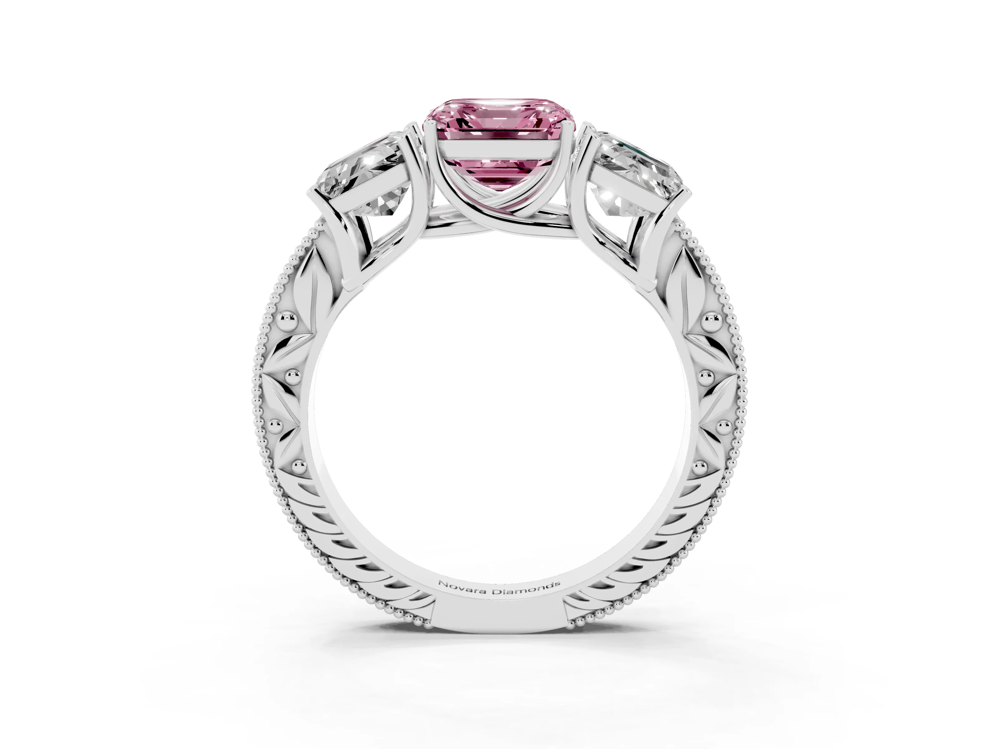 Fancy Pink Asscher Cut Diamond Three-Stone Engagement Ring Set in Silver with Milgrain Pavé Band