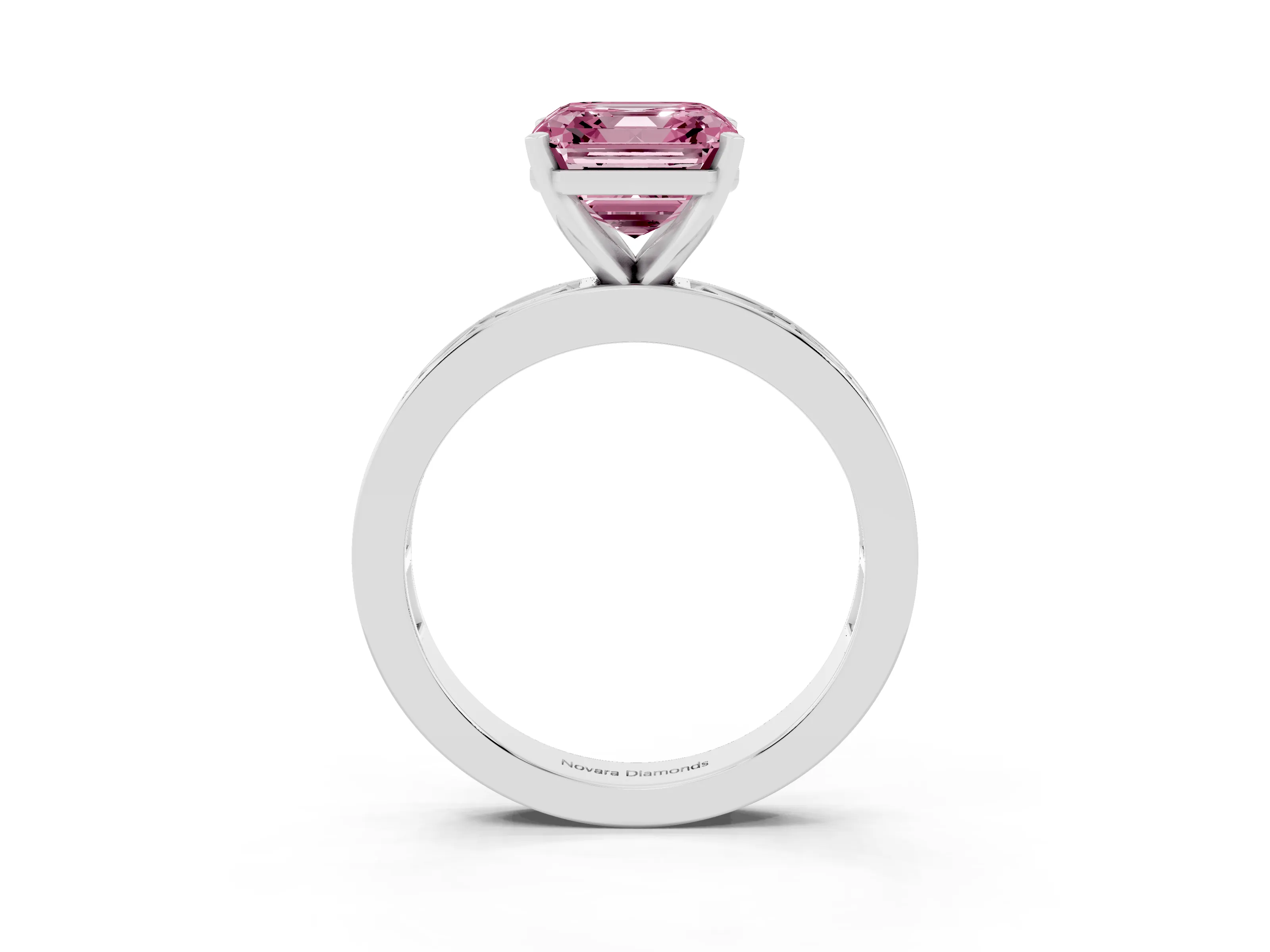 Fancy Pink Asscher Cut Diamond Solitaire Ring Set in Silver with Channel-Set Baguette Band and Prong Setting