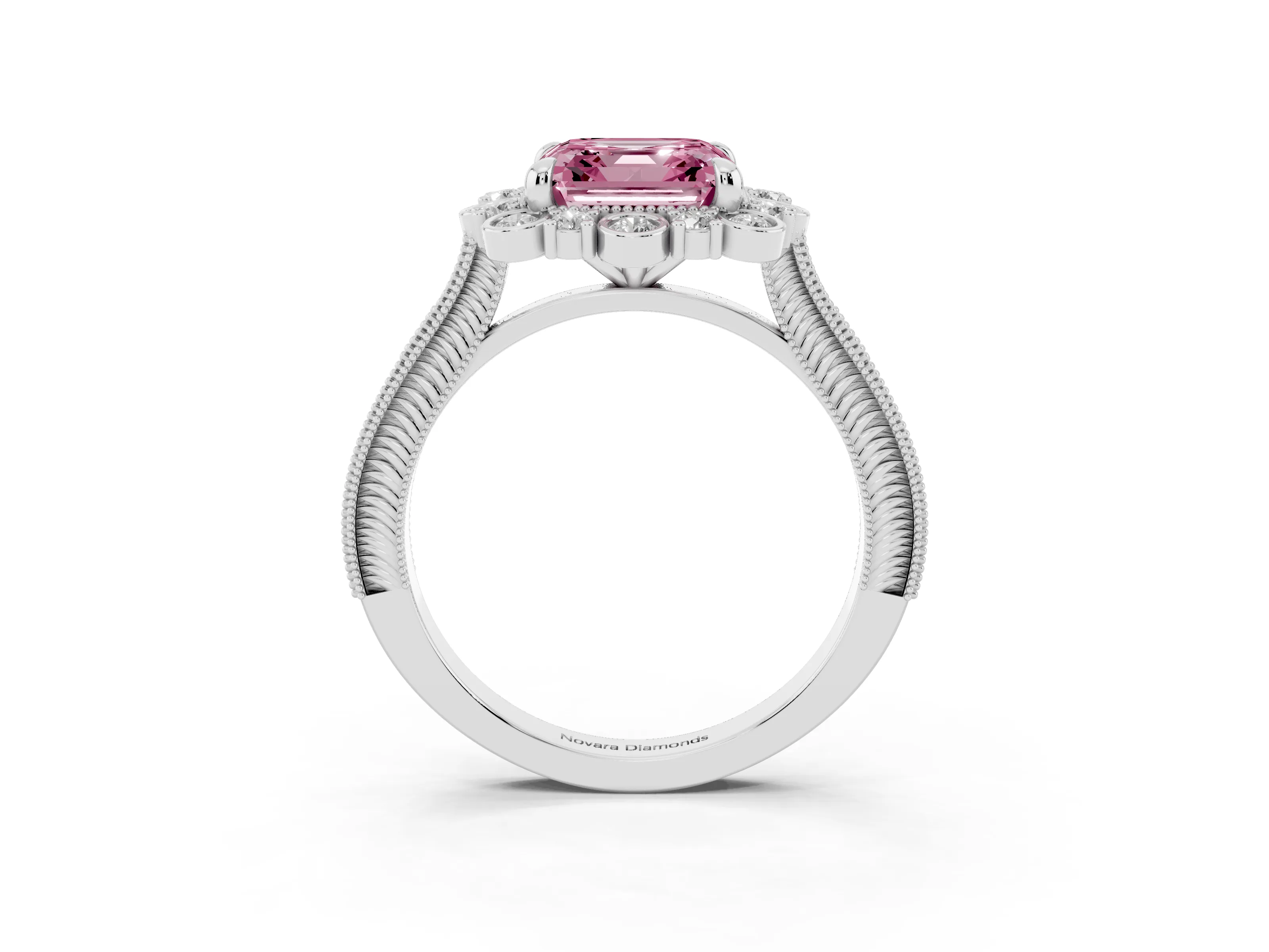 Fancy Pink Asscher Cut Diamond Halo Milgrain Pavé Ring Set in Platinum with Prong Setting