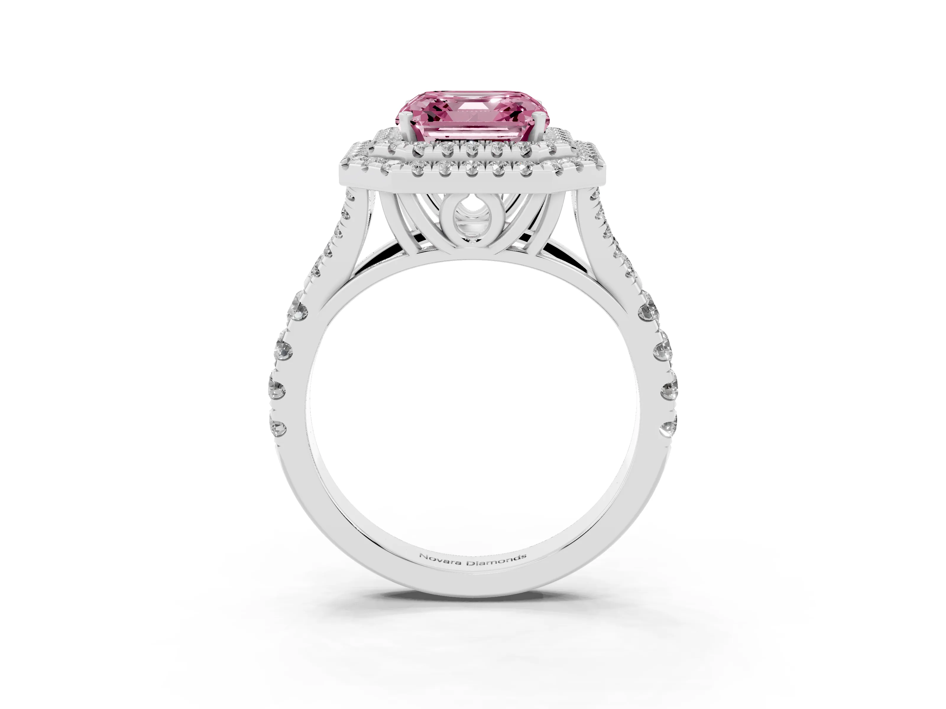 Fancy Pink Asscher Cut Diamond Pavé Split Shank Double Halo Engagement Ring Set in Silver
