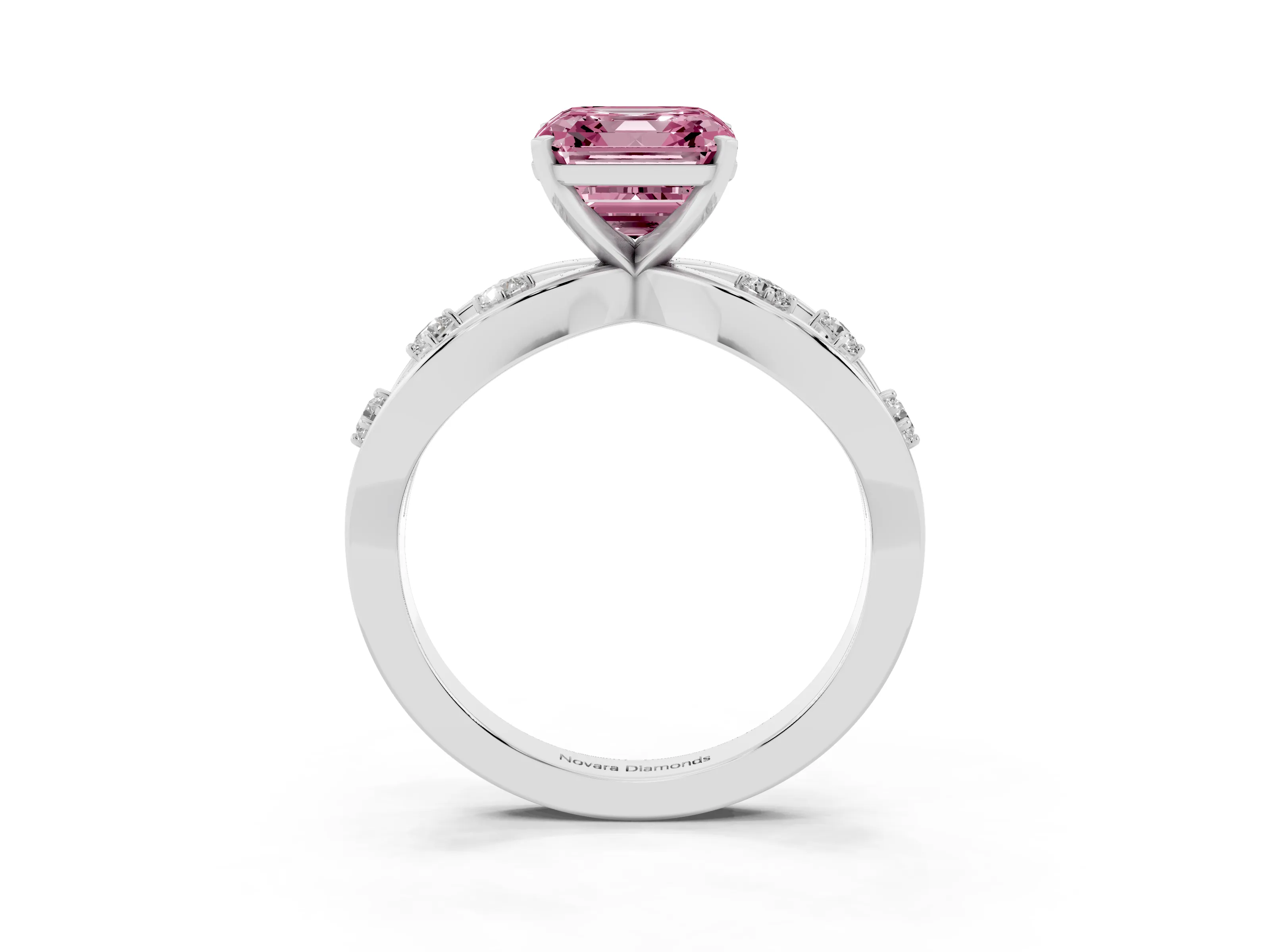Fancy Pink Asscher Cut Diamond Solitaire Ring Set in Silver with Side Stones on Criss-Cross Band and Prong Setting