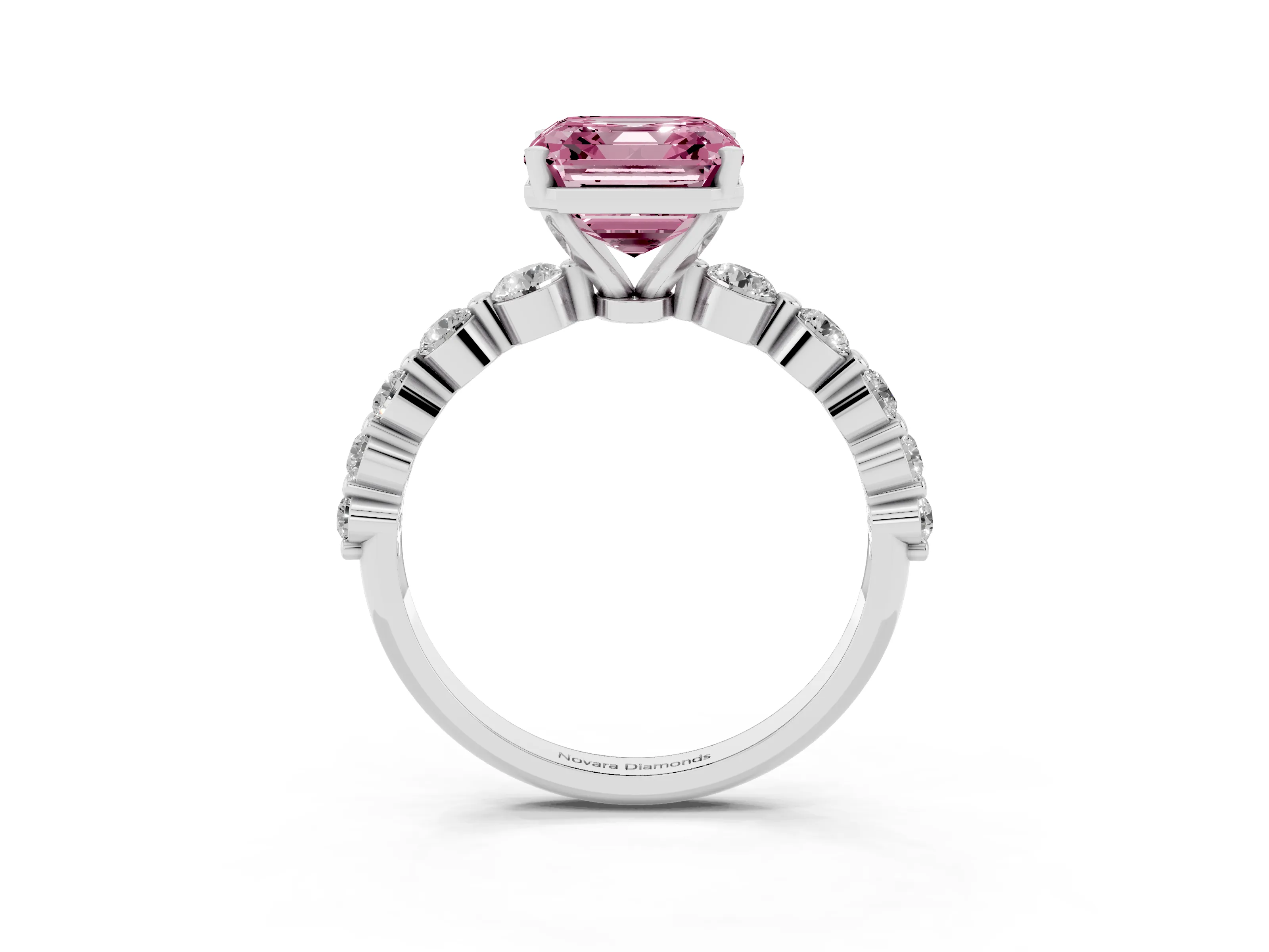 Fancy Pink Asscher Cut Diamond Solitaire Ring Set in Platinum with Pavé Band and Prong Setting