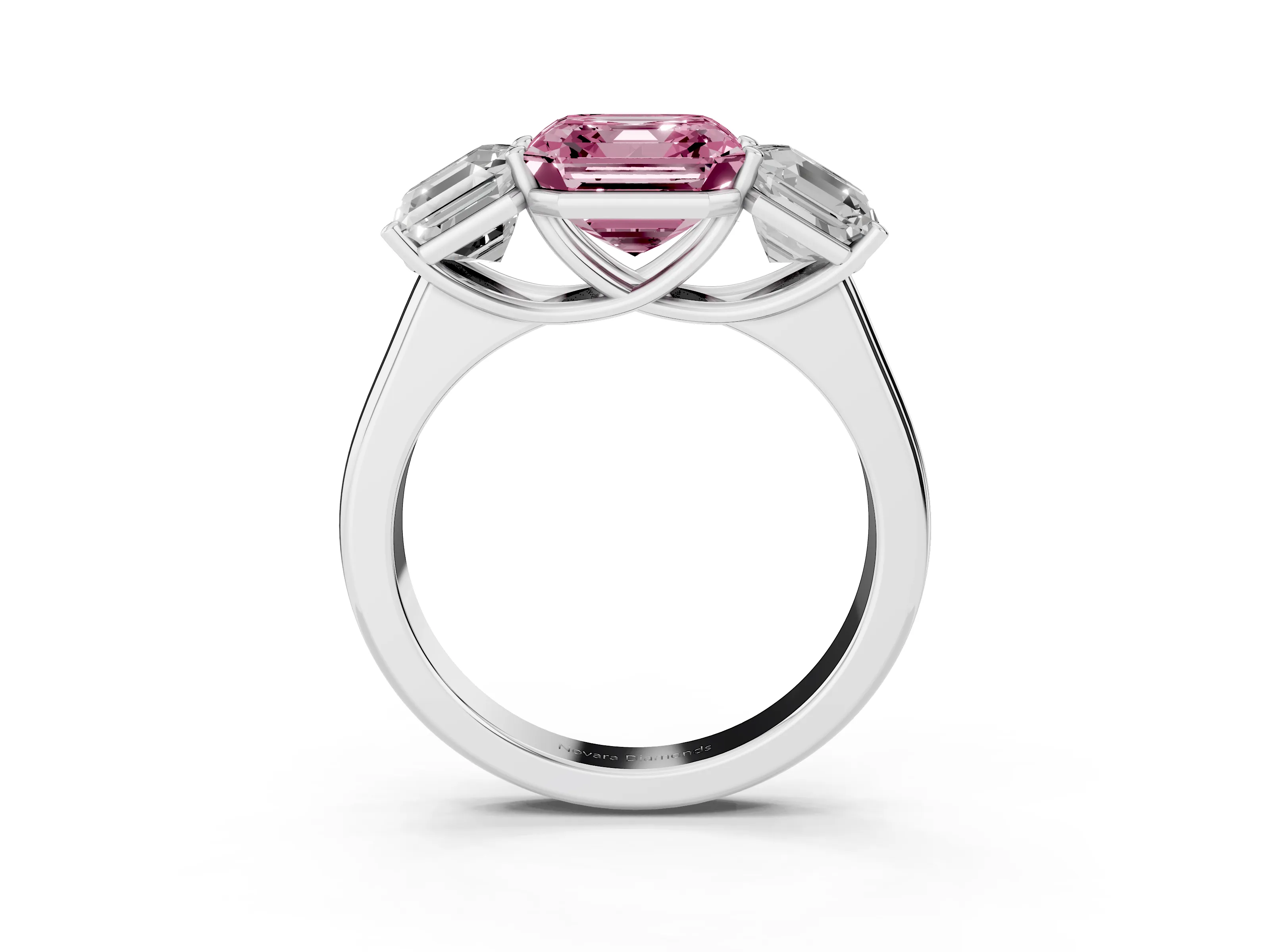 Fancy Pink Asscher Cut Diamond Three-Stone Ring Set in White gold with Plain Polished Band