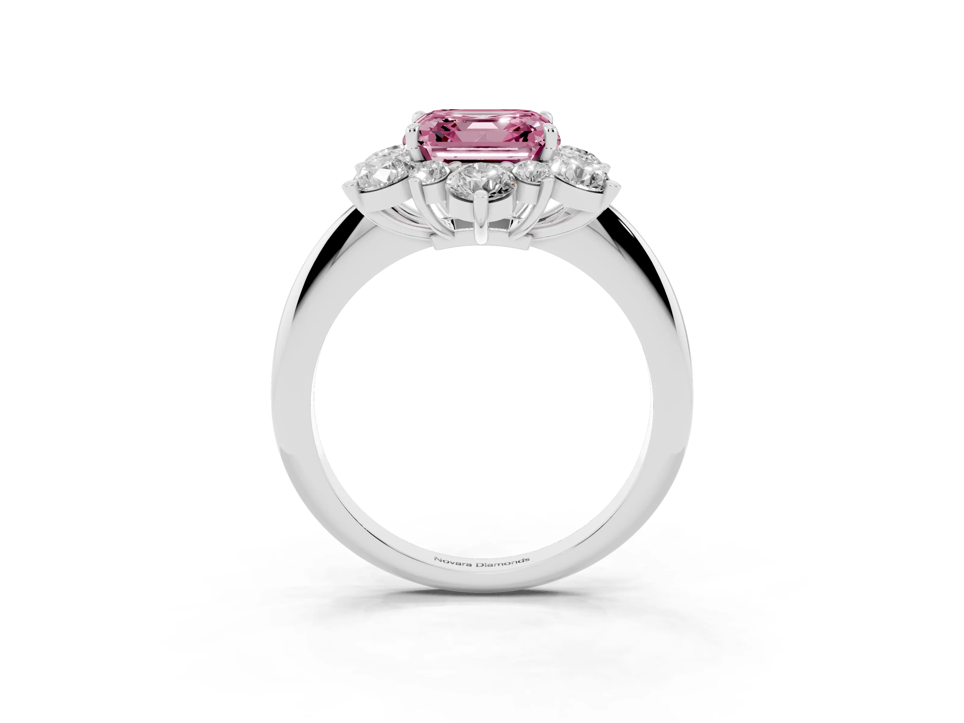 Fancy Pink Asscher Cut Diamond Cluster Halo Ring Set in Platinum with Solitaire Band and Prong Setting