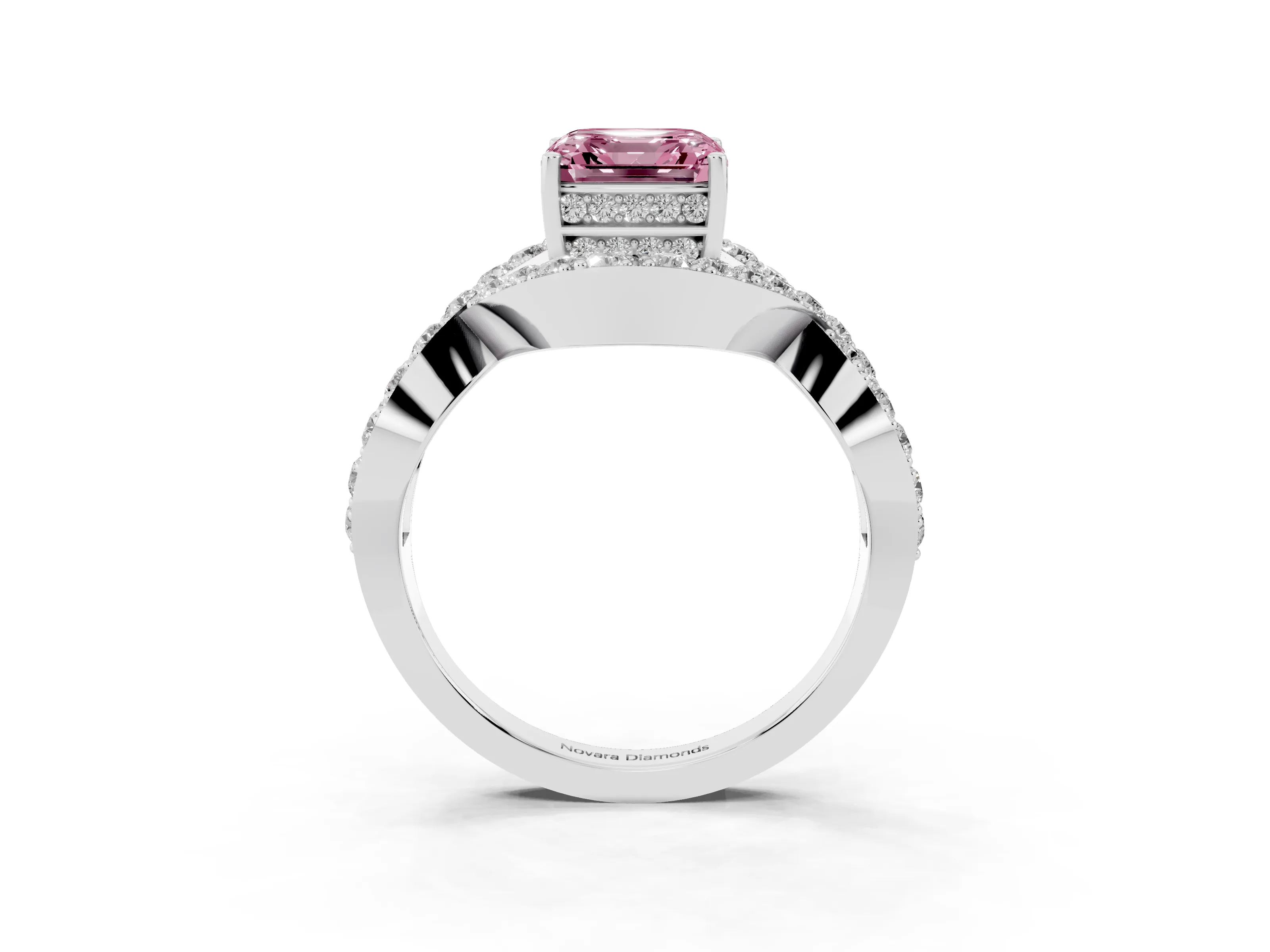 Fancy Pink Asscher Cut Diamond Solitaire Twist Band Pavé Engagement Ring Set in Platinum