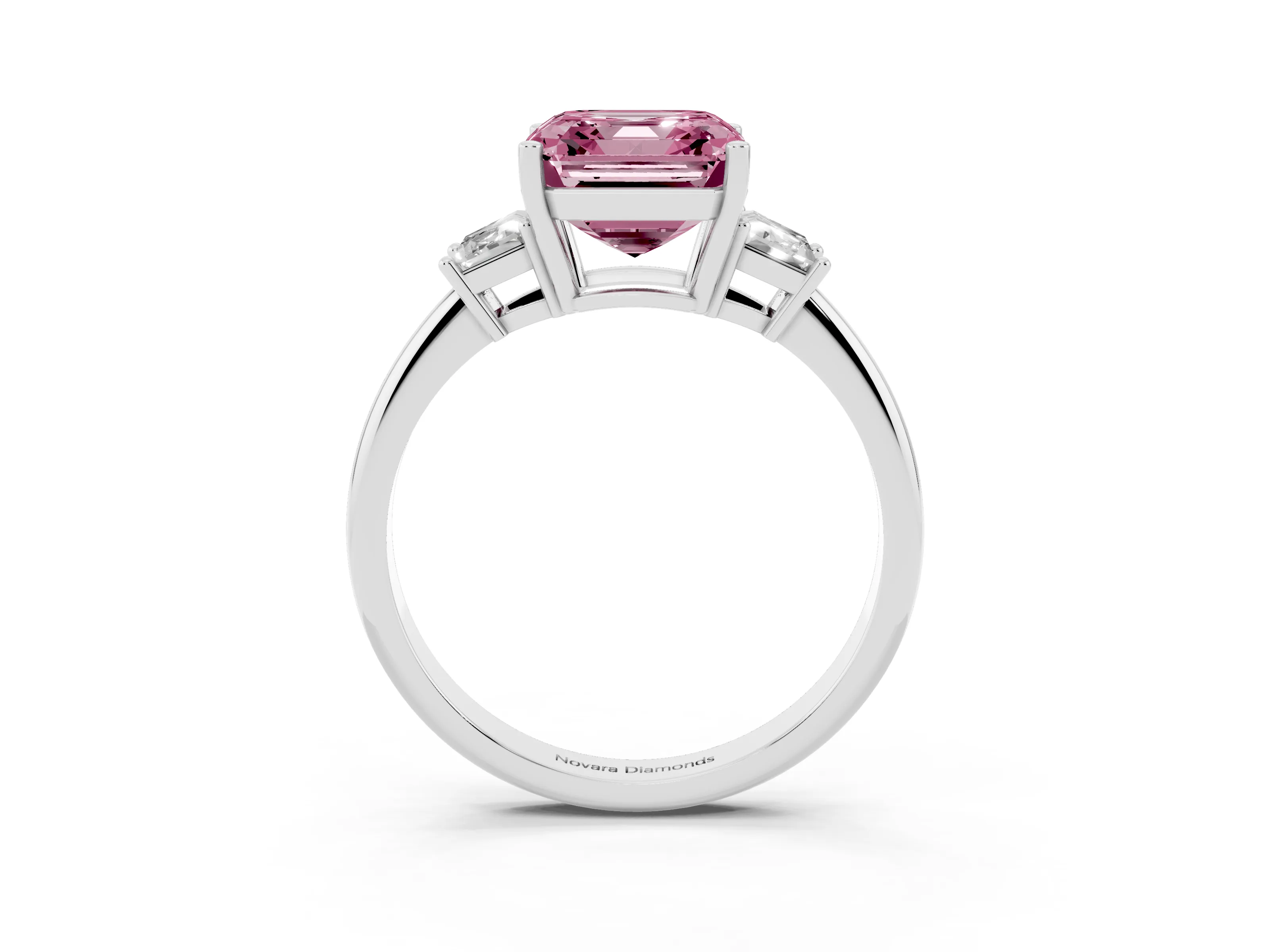 Fancy Pink Asscher Cut Diamond Three-Stone Ring Set in White gold with Trapezoid Side Stones and Prong Setting