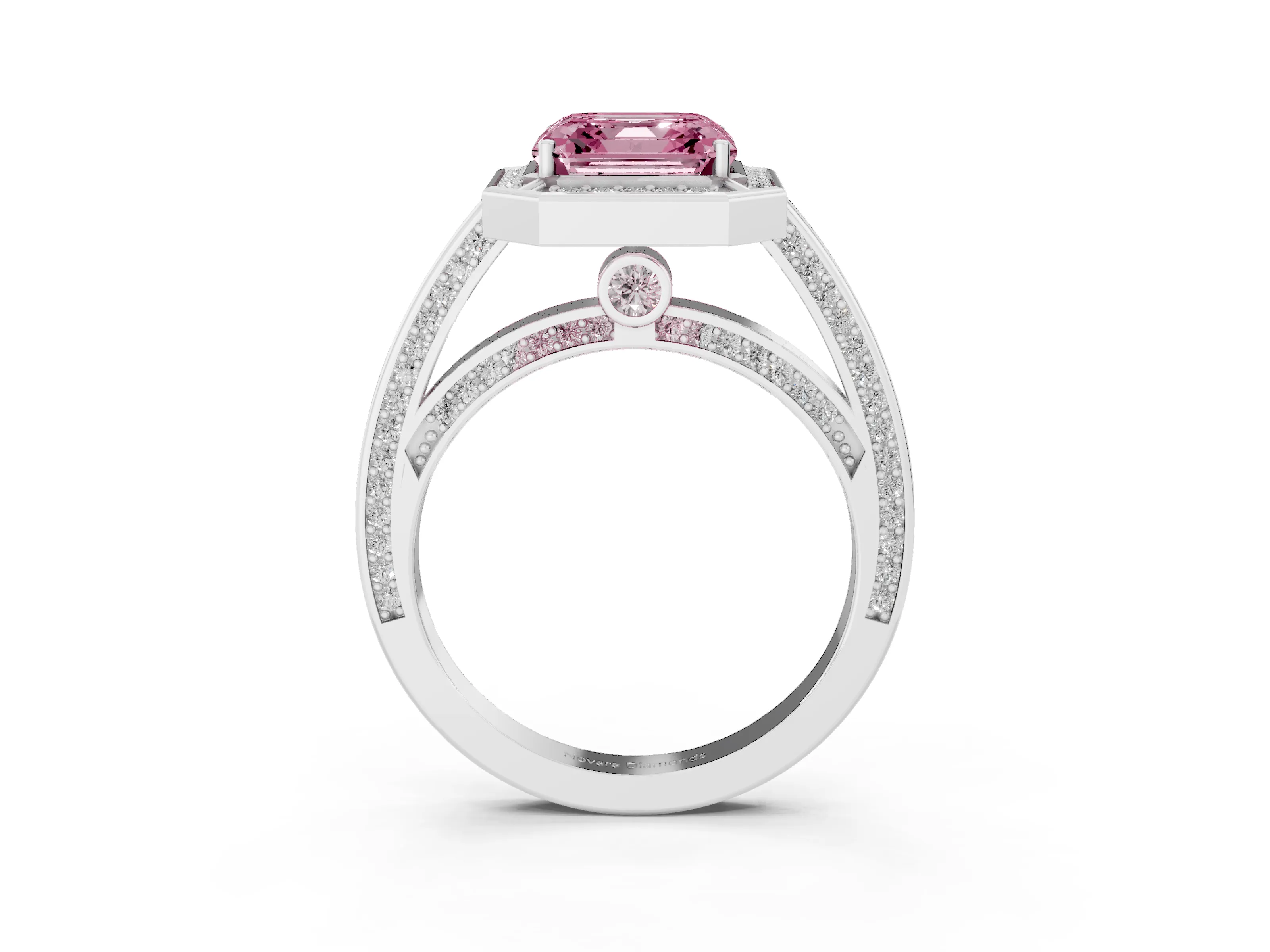 Fancy Pink Asscher Cut Diamond Halo Pavé Split Shank Ring Set in White gold with Prong Setting