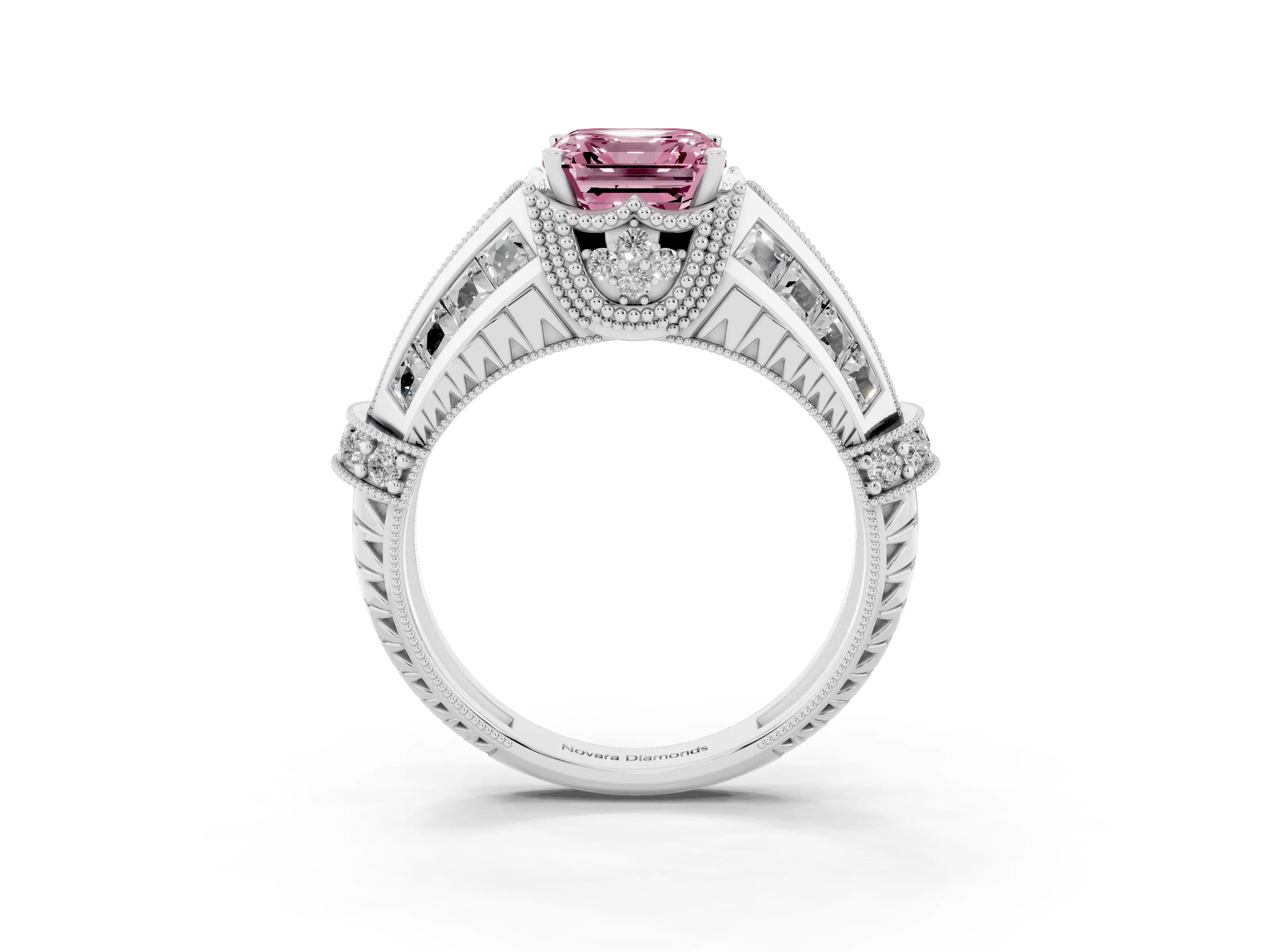 Fancy Pink Asscher Cut Diamond Vintage-Inspired Milgrain Ring Set in Platinum with Accent Split Shank