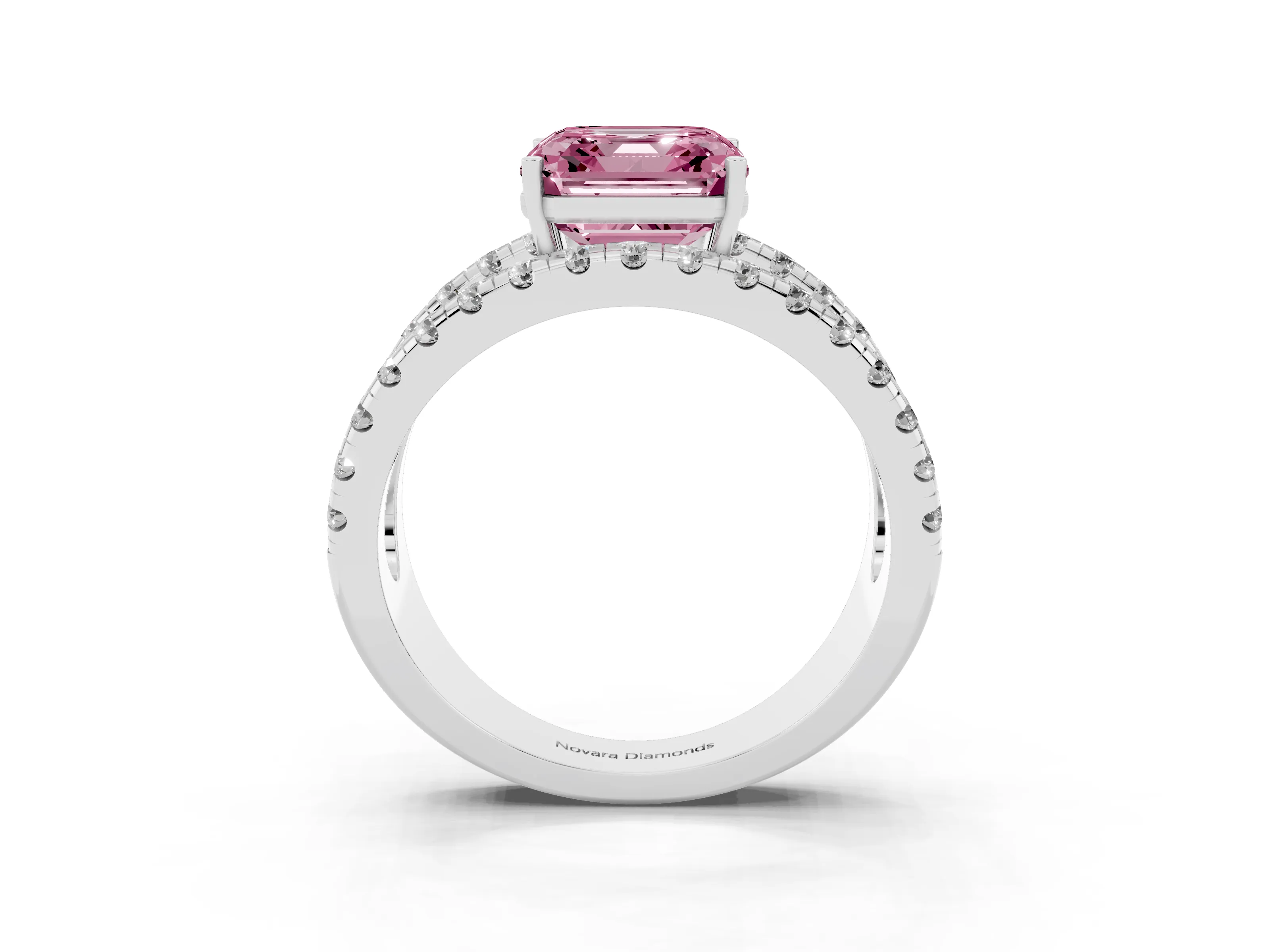 Fancy Pink Asscher Cut Diamond Split Shank Pavé Solitaire Ring Set in Platinum with Open Shank Design