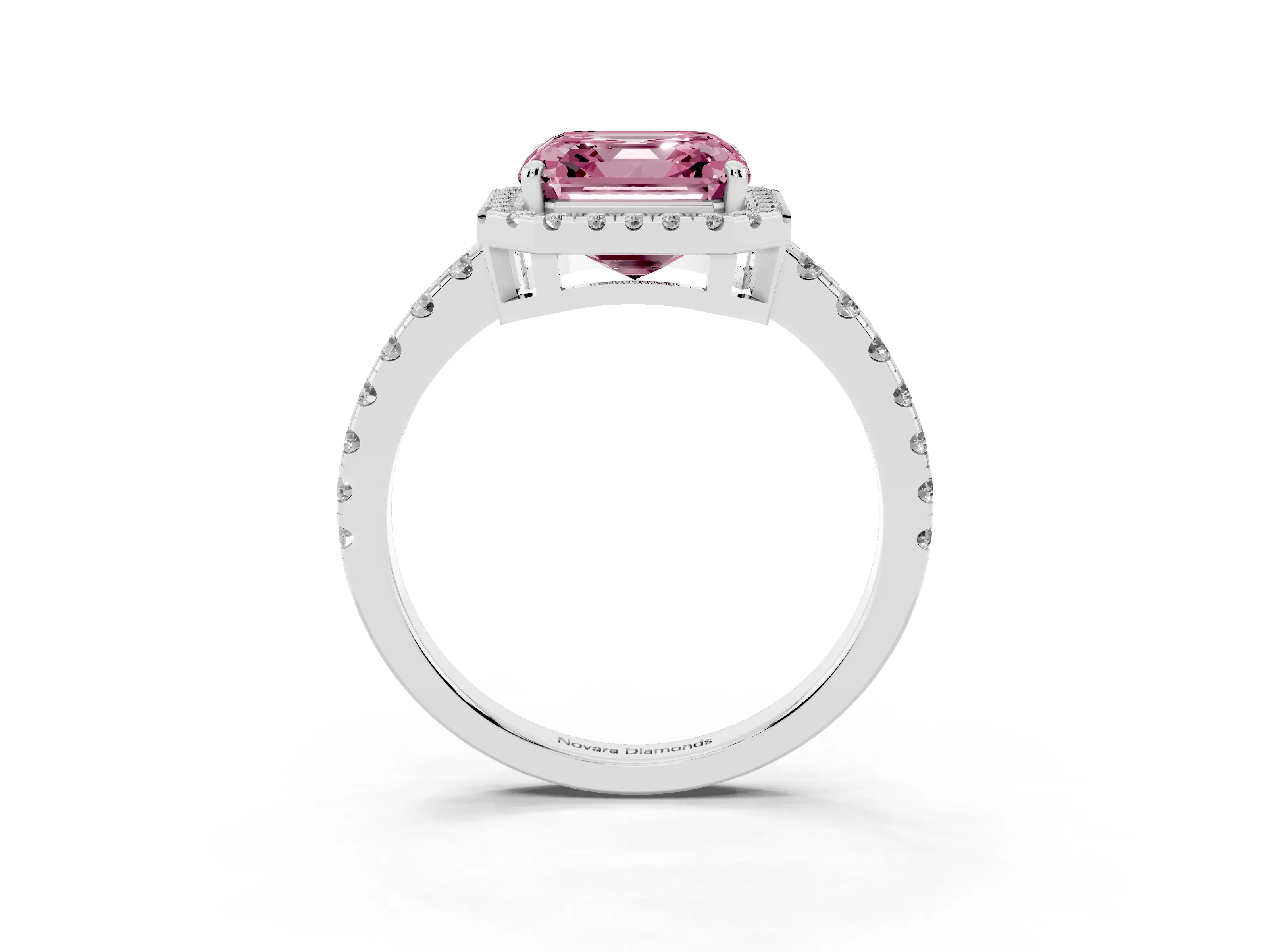 Fancy Pink Asscher Cut Diamond Halo Ring Set in White gold with Delicate Pavé Band and Prong Setting