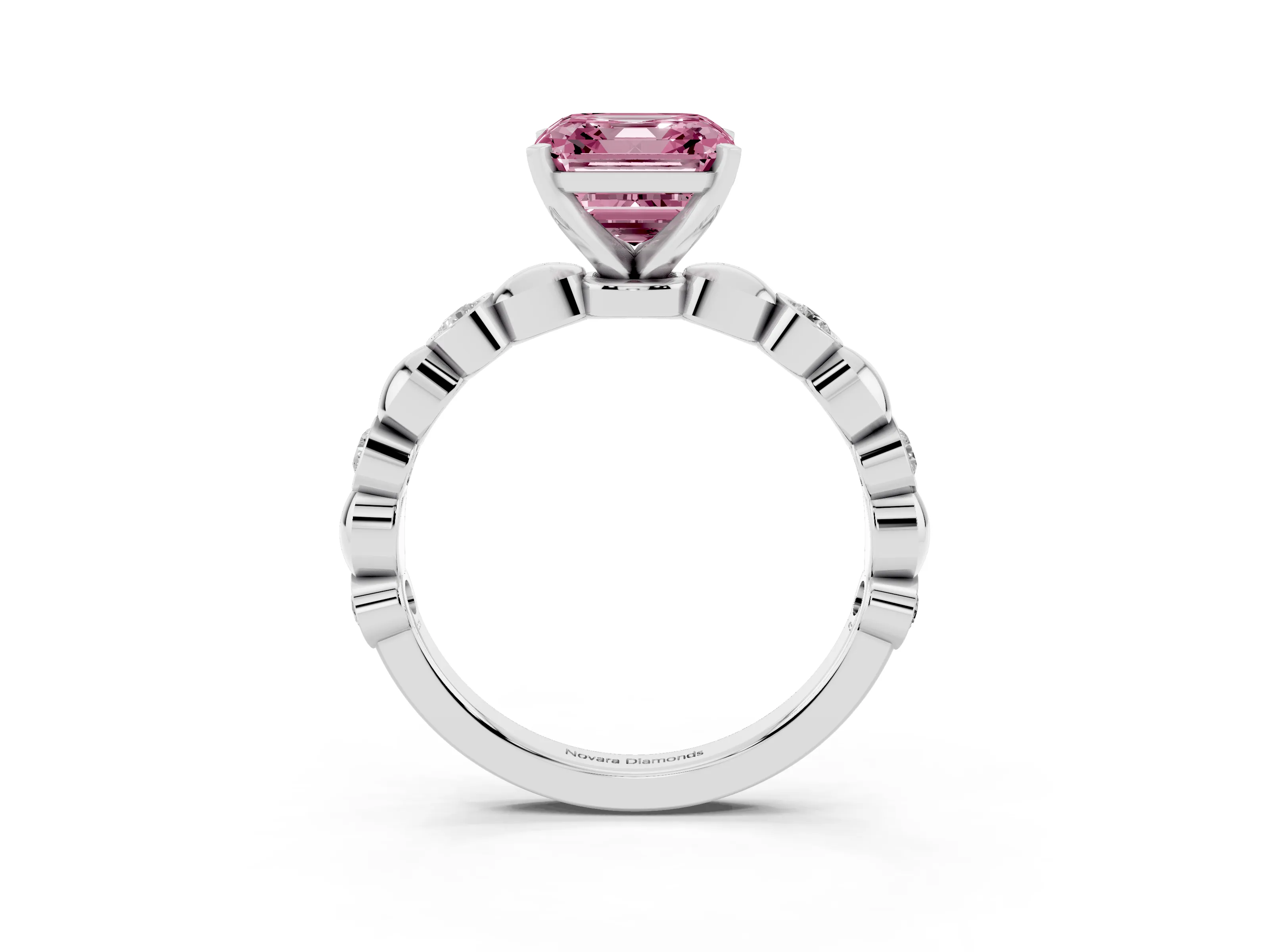 Fancy Pink Asscher Cut Diamond Solitaire Ring Set in White gold with Bezel-Set Accents on Beaded Band and Prong Setting