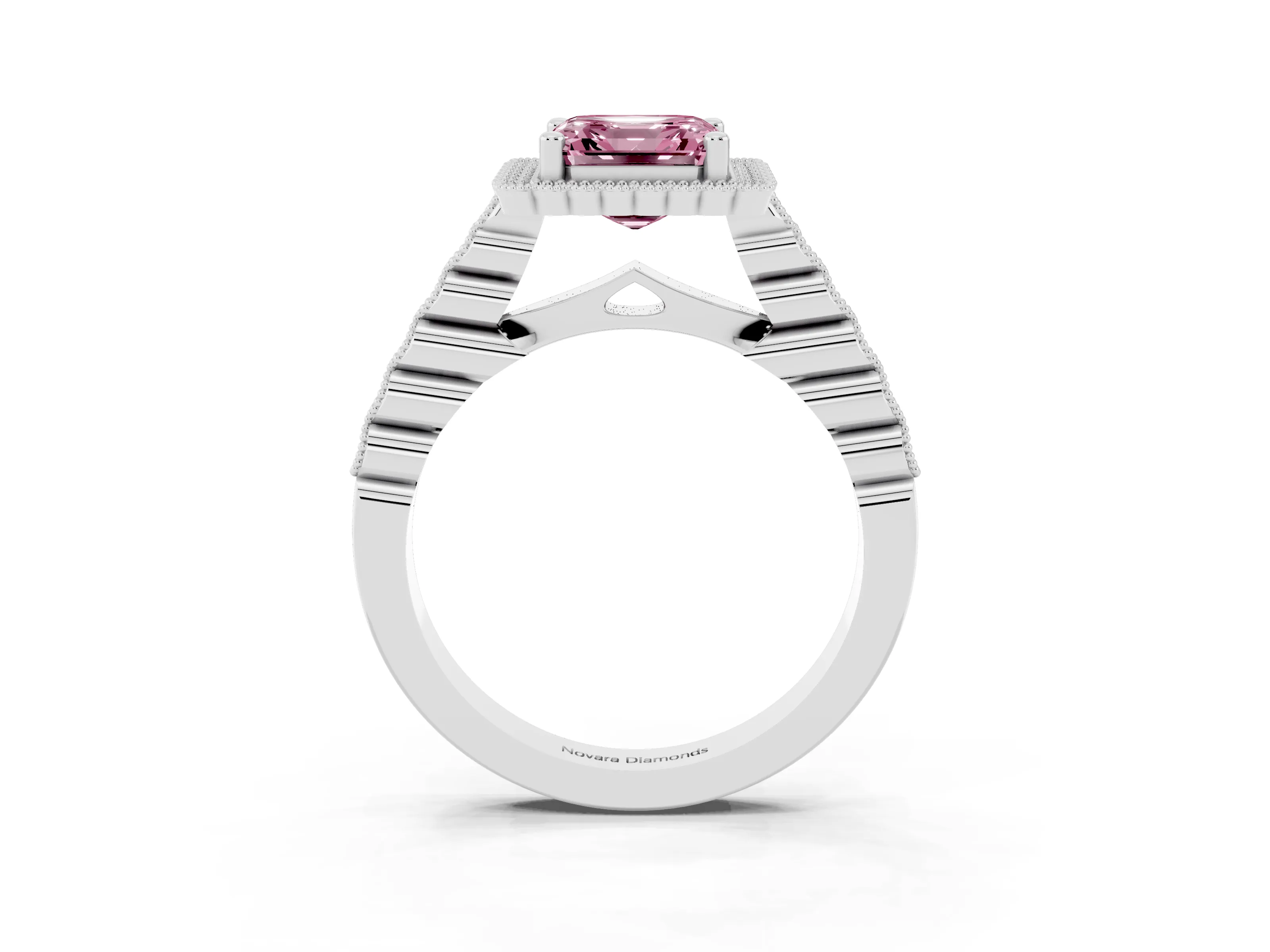 Fancy Pink Asscher Cut Diamond Halo Ring Set in Platinum with Pavé Milgrain Band