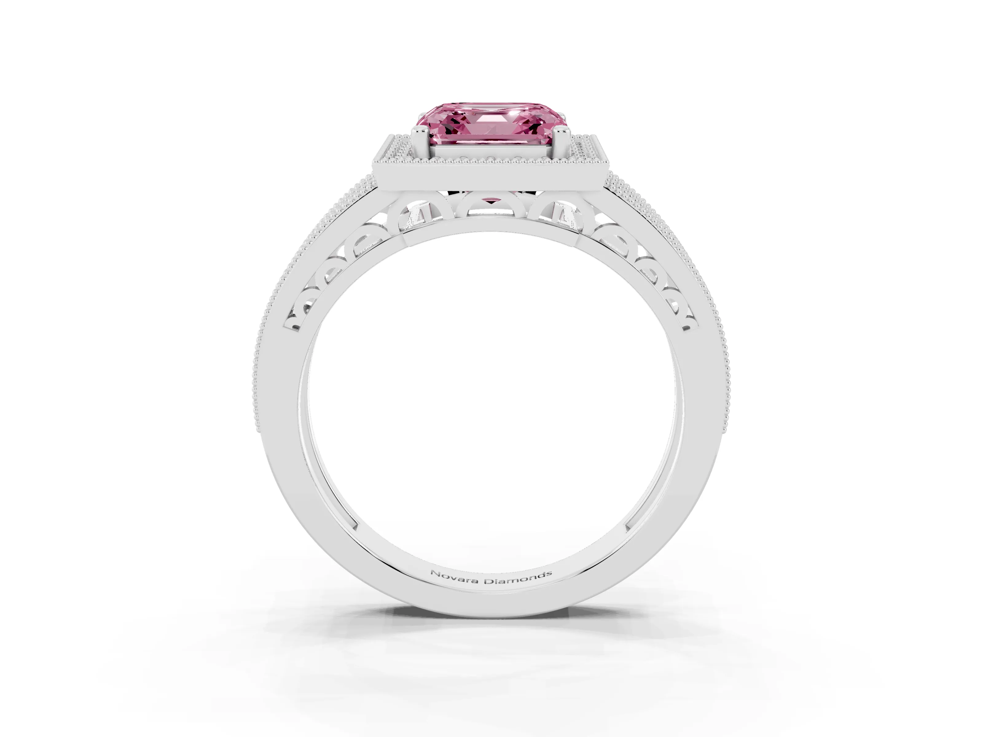 Fancy Pink Asscher Cut Diamond Halo Ring Set in Silver with Accent Split Shank and Prong Setting