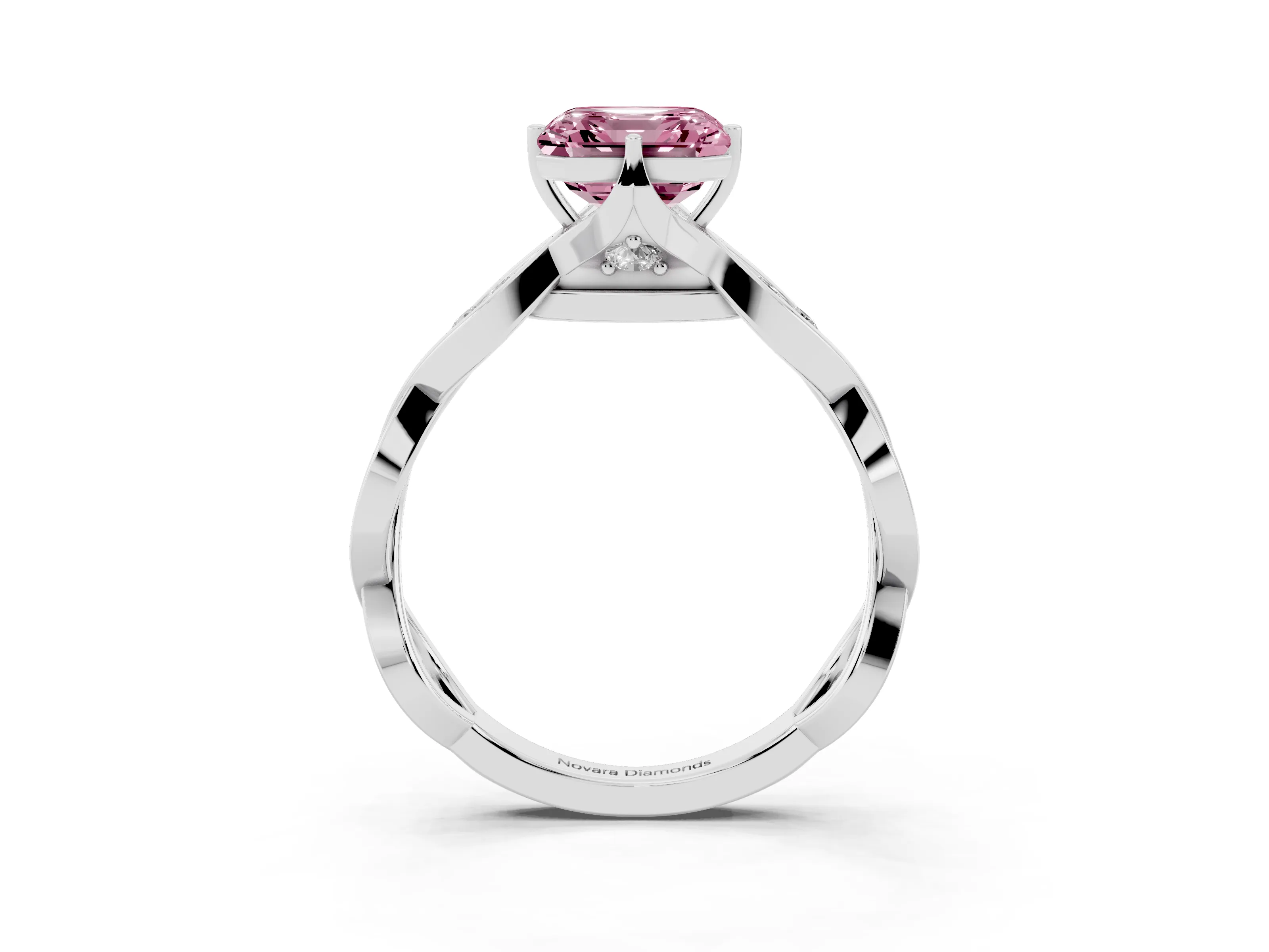 Fancy Pink Asscher Cut Diamond Twist Band Solitaire Ring Set in Platinum with Leaf Prong Setting and Accent Stones