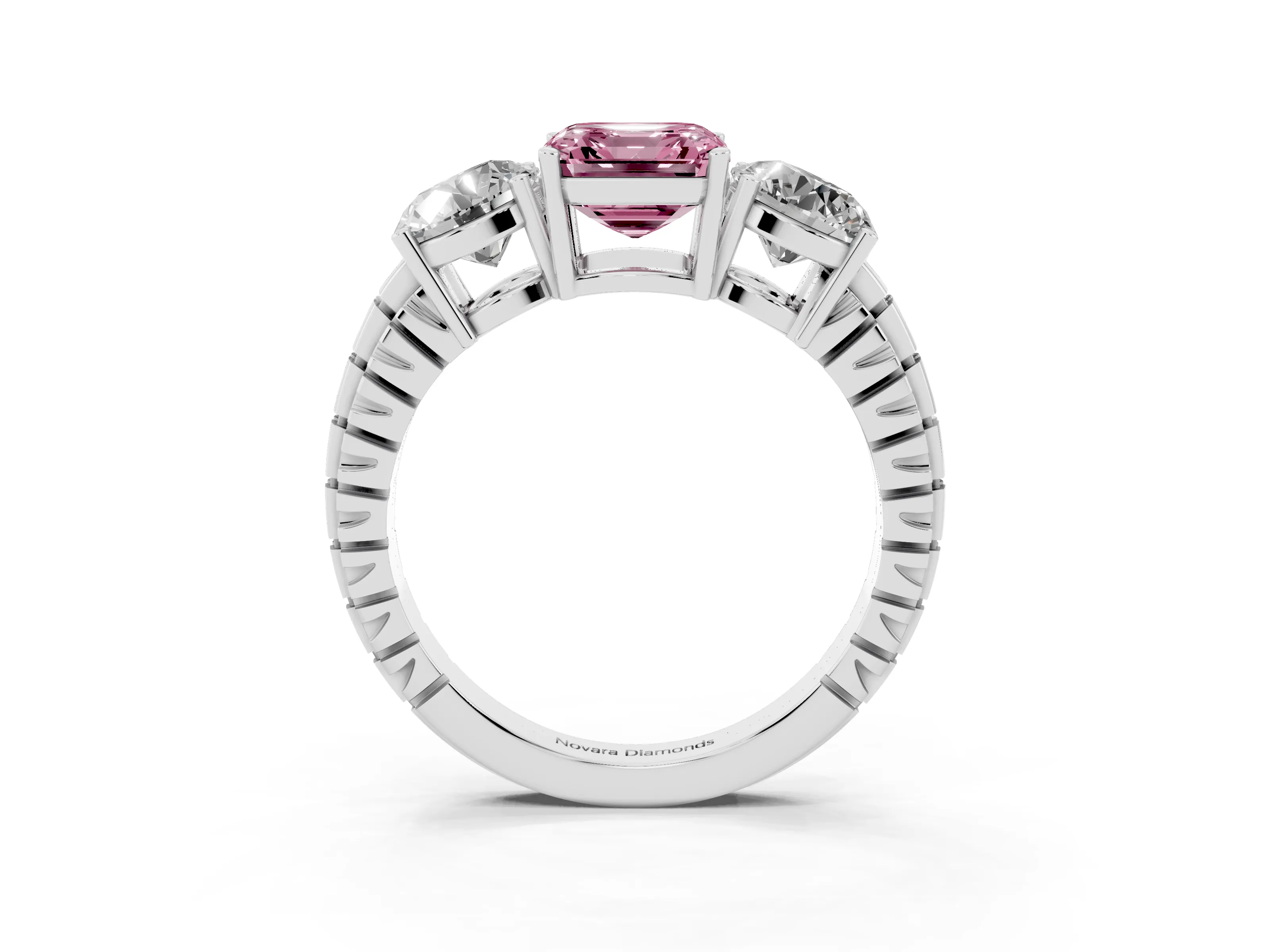 Fancy Pink Asscher Cut Diamond Three-Stone Ring Set in Platinum with Channel-Set Accent Band