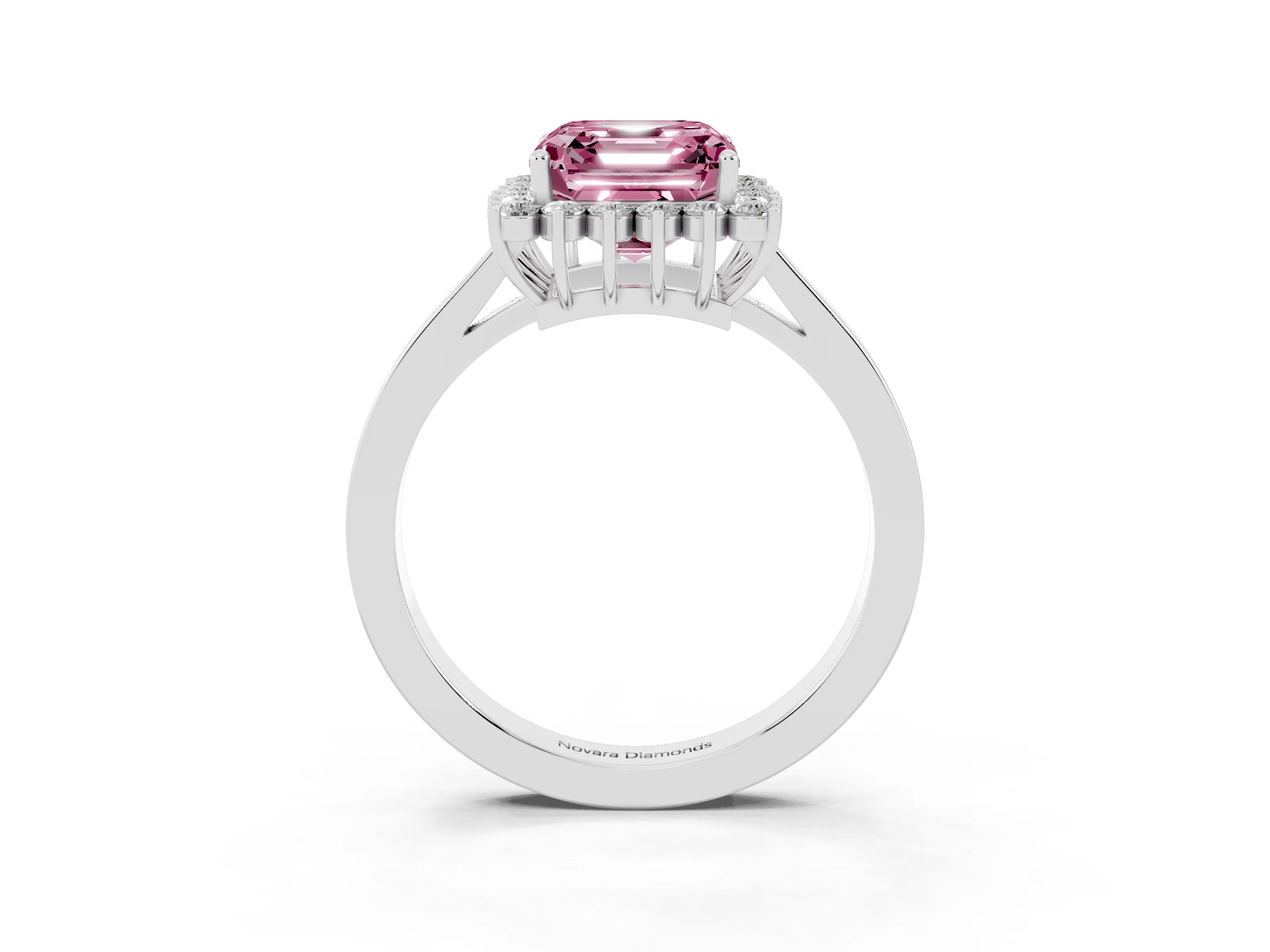 Fancy Pink Asscher Cut Diamond Halo Ring Set in White gold with Round Halo and Smooth Solitaire Band