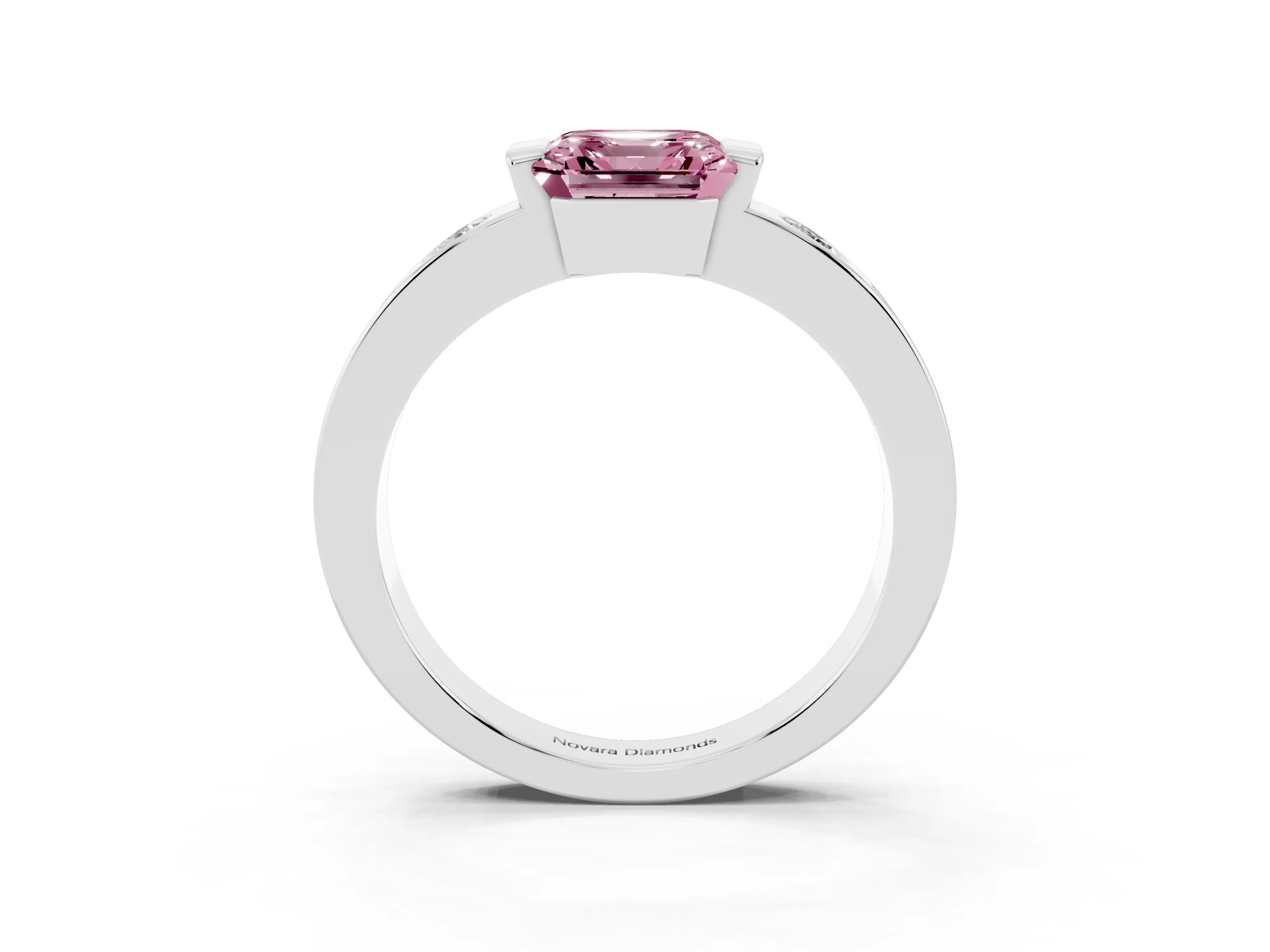Fancy Pink Asscher Cut Diamond Channel-Set Band Ring Set in Silver with Bezel Prong Setting