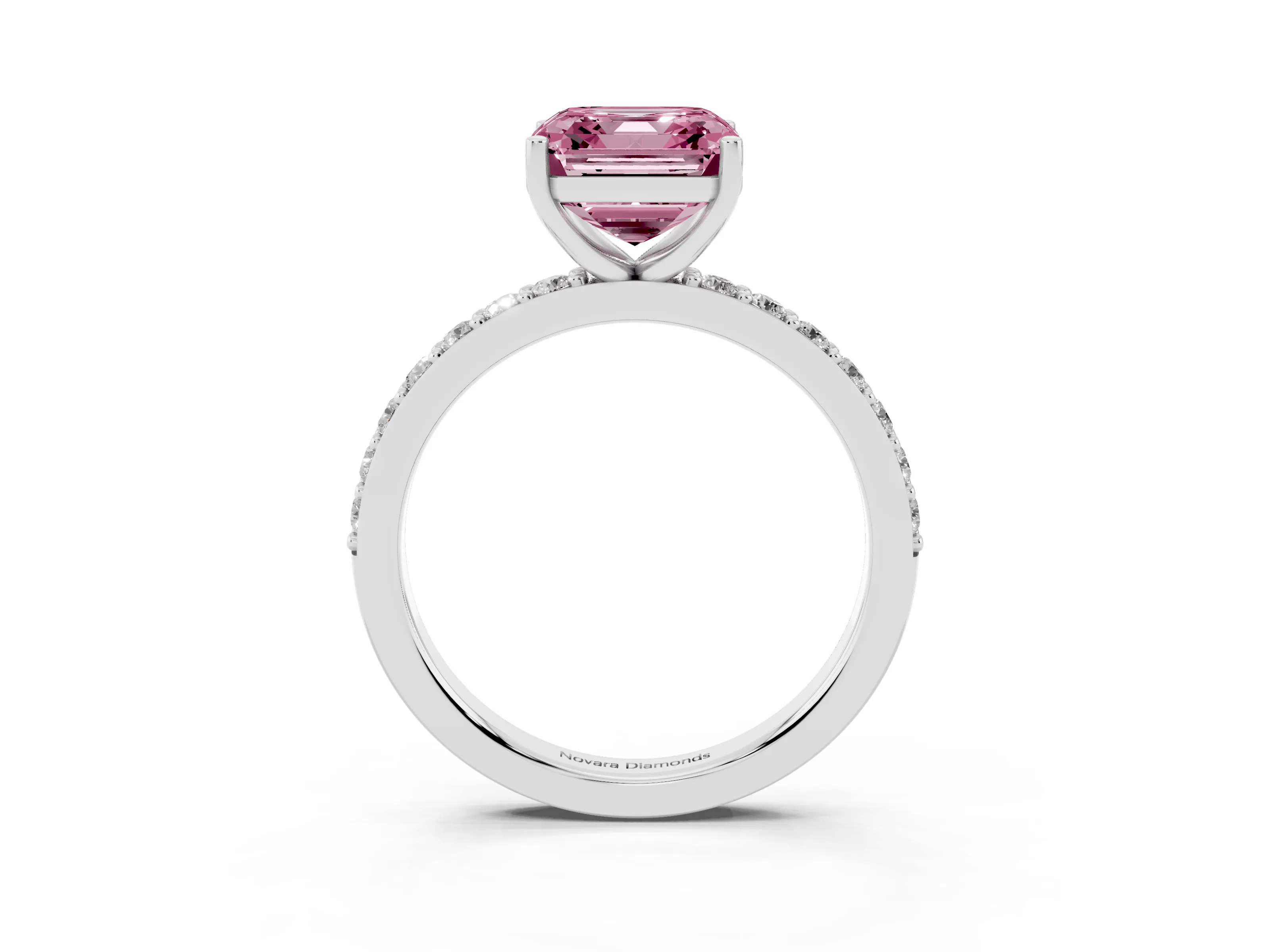 Fancy Pink Asscher Cut Diamond Solitaire Set in White gold with Round Pavé Band and Prong Setting