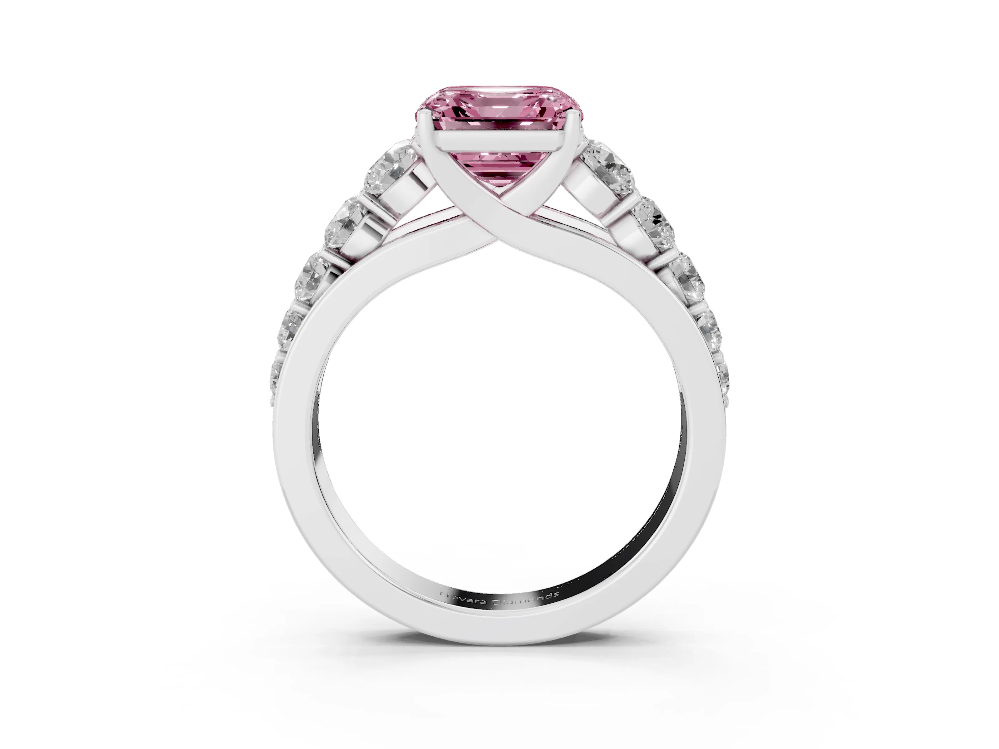 Fancy Pink Asscher Cut Diamond Solitaire Ring Set in White gold with Pavé-Set Band and Prong Setting