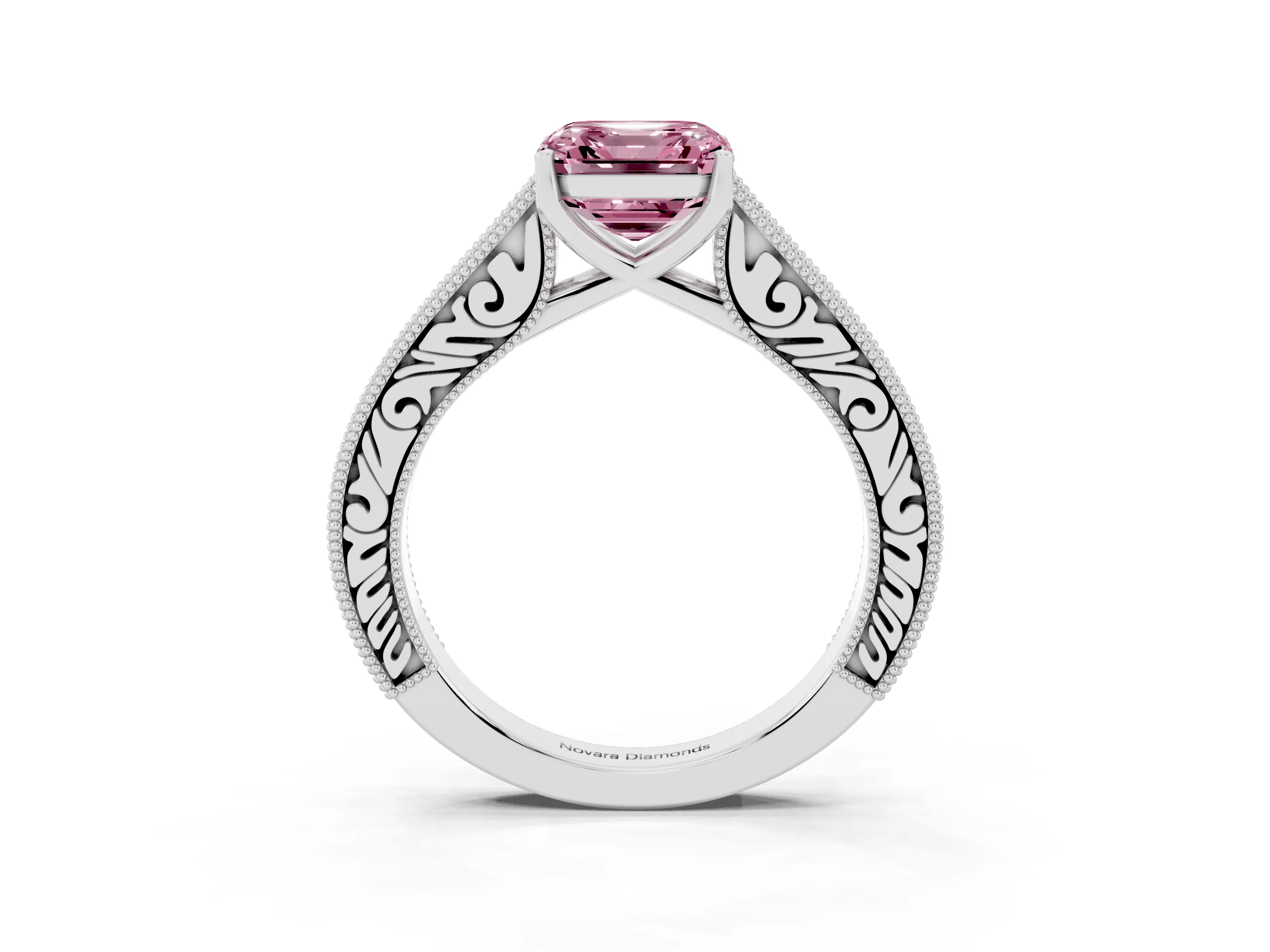 Fancy Pink Asscher Cut Diamond Milgrain Pavé Band Solitaire Ring Set in White gold with Prong Setting