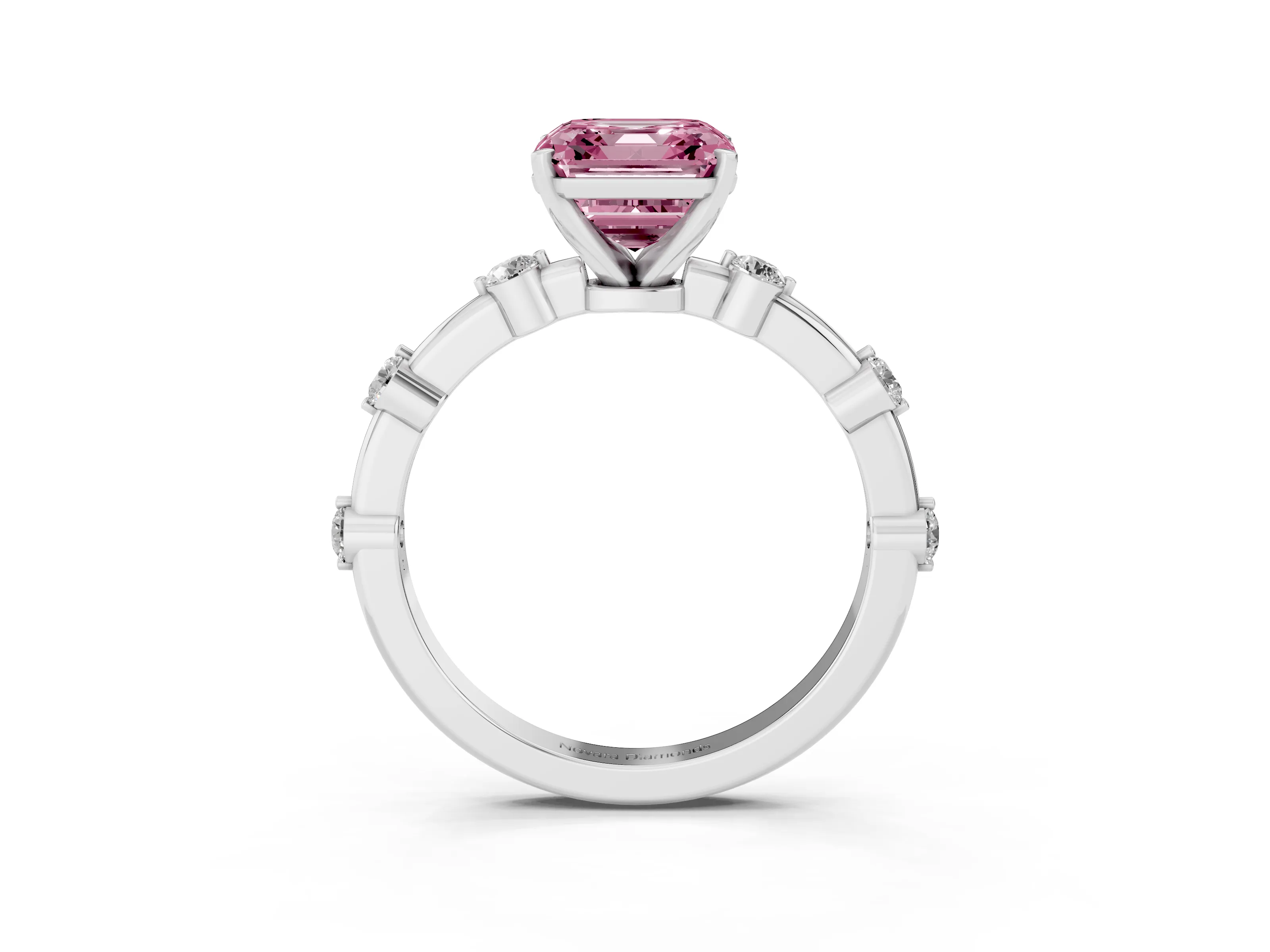 Fancy Pink Asscher Cut Diamond Solitaire Ring Set in Silver with Bezel Set Side Stones and Prong Setting